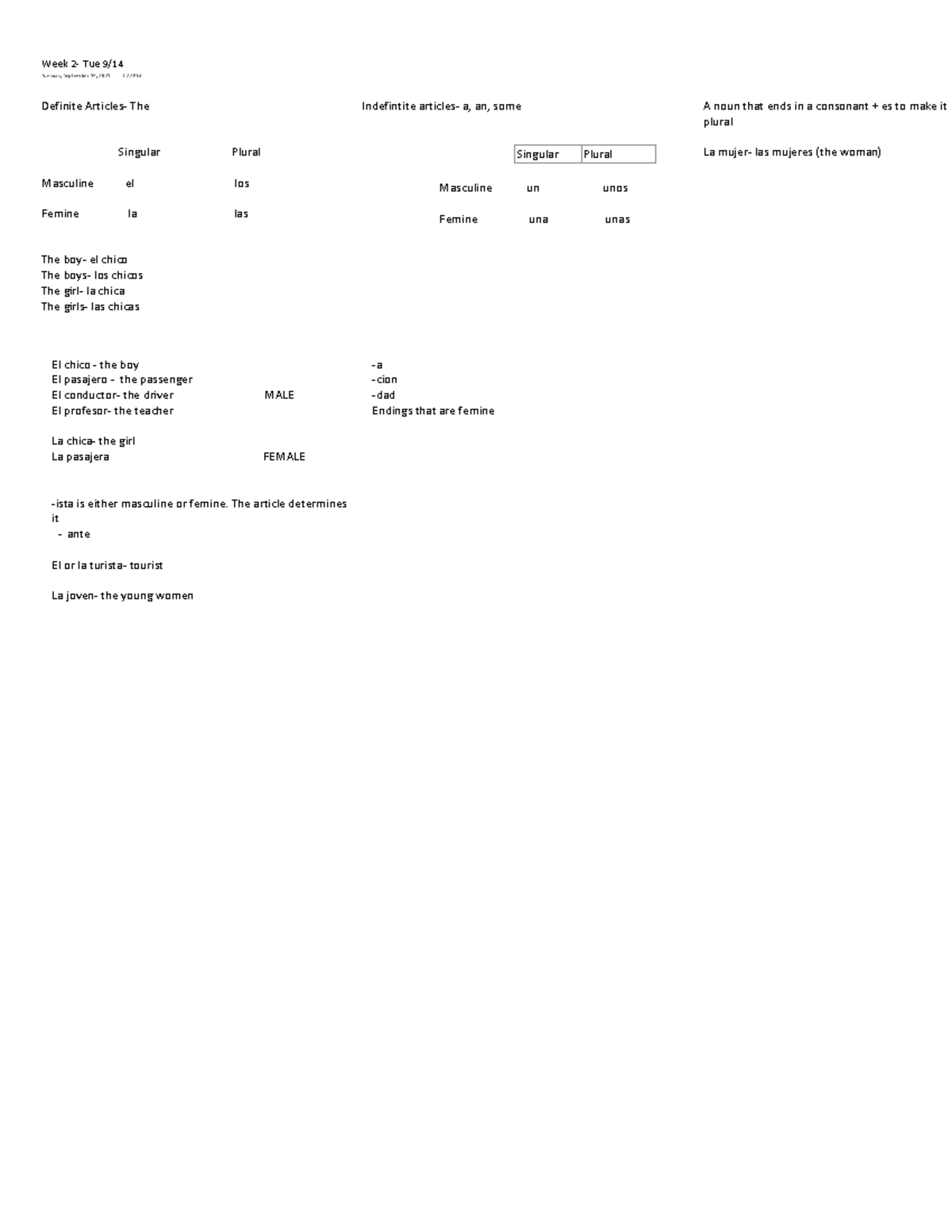 Spanish 101 week 2 notes - Definite Articles- The Singular Plural ...