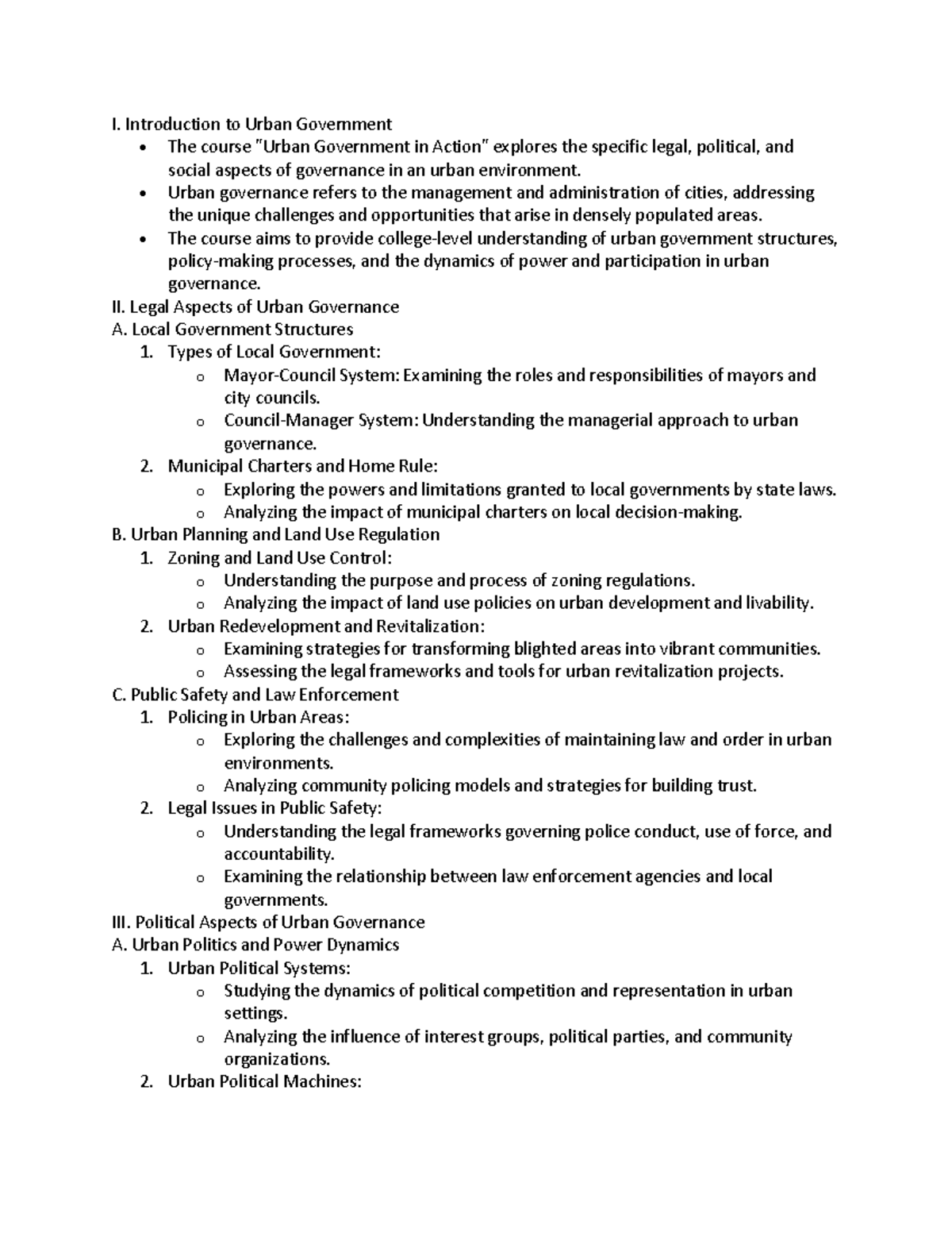 Urban gov - In-depth background notes taken in class - I. Introduction ...