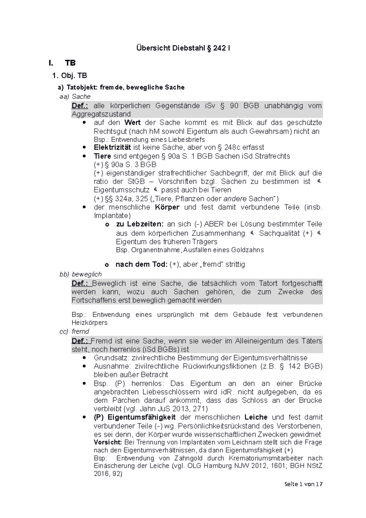 Schema Diebstahl - Übersicht Diebstahl § 242 I I. TB 1. Obj. TB A ...