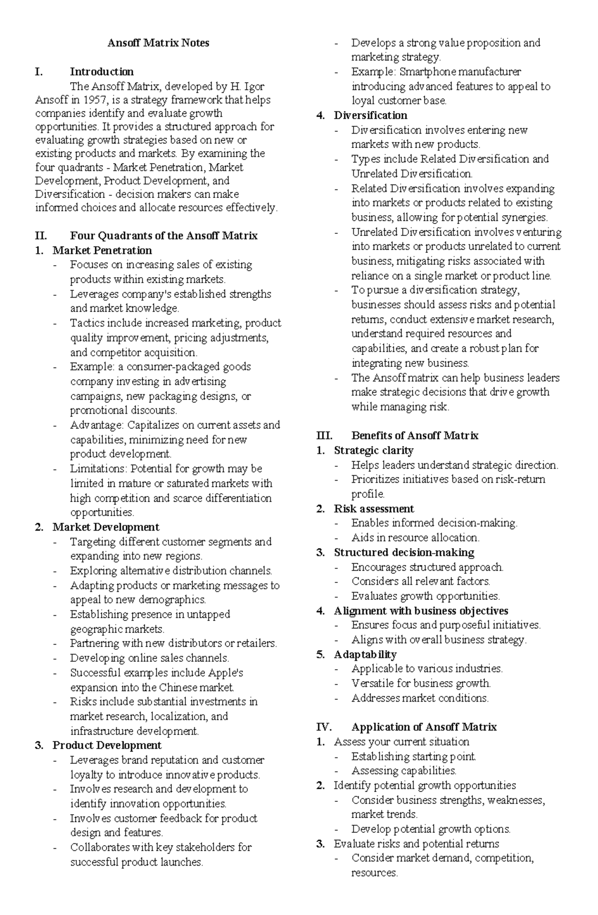 Module 4 notes Strat - Summary BS Accountancy - Ansoff Matrix Notes I ...