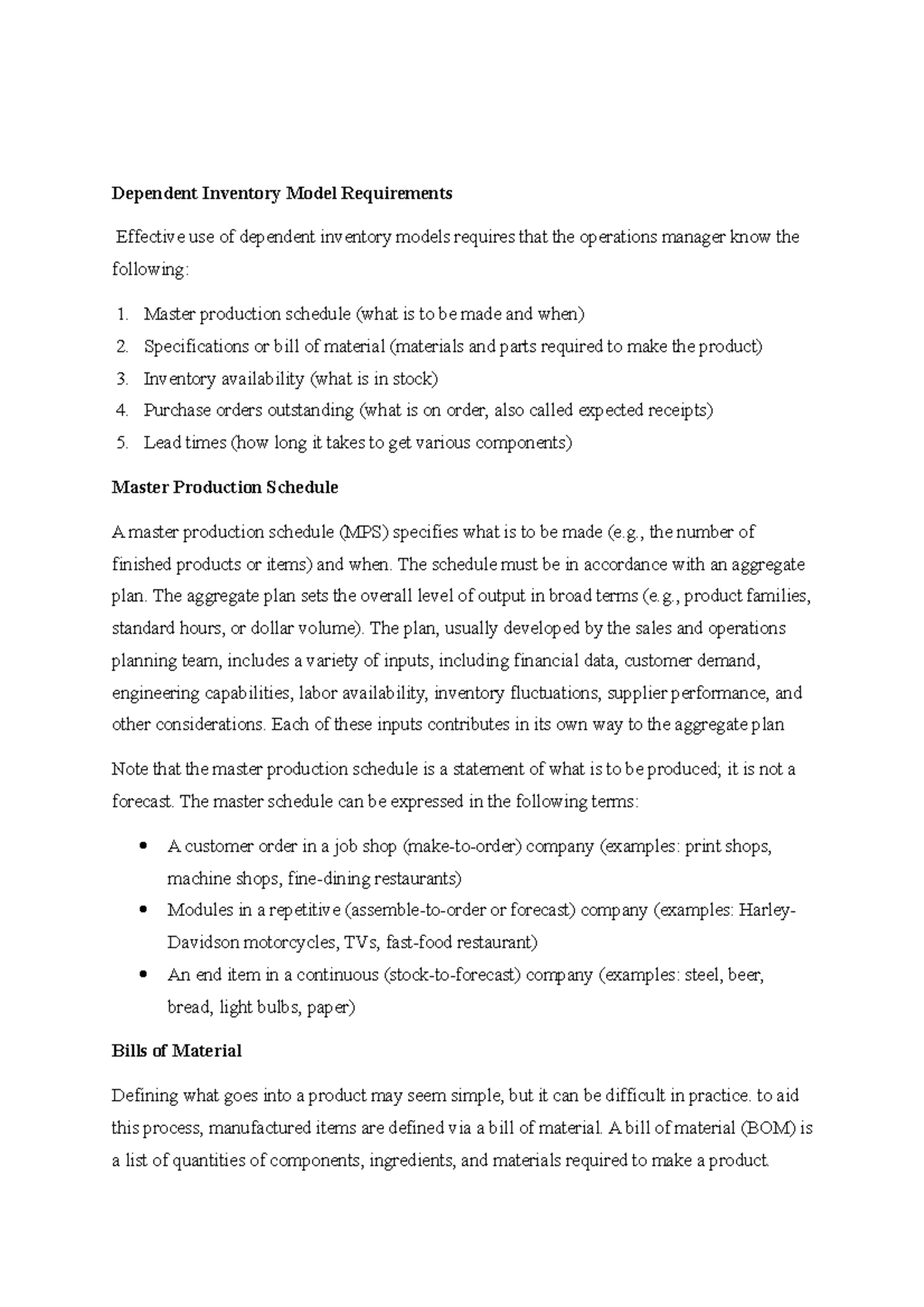 Dependent Inventory Model Requirements - Dependent Inventory Model ...