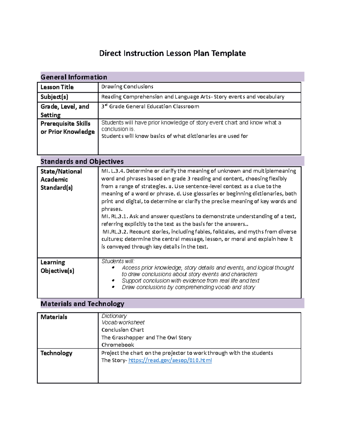 Direct Instruction Lesson Plan Template - Students will know basics of ...