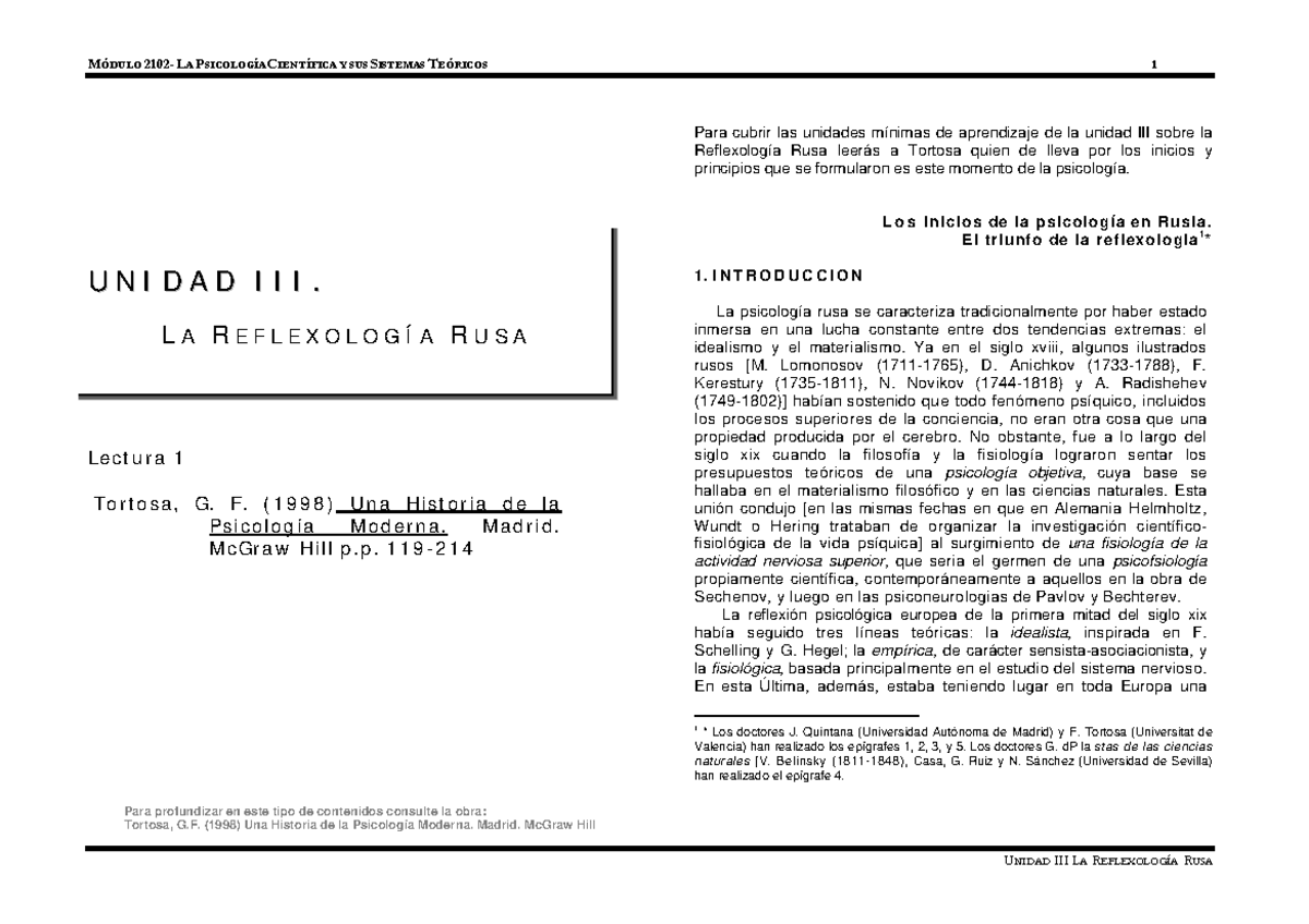 3. Reflexología RUSA - apuntes psicología - Le ct u r a 1 Tor t osa , G ...