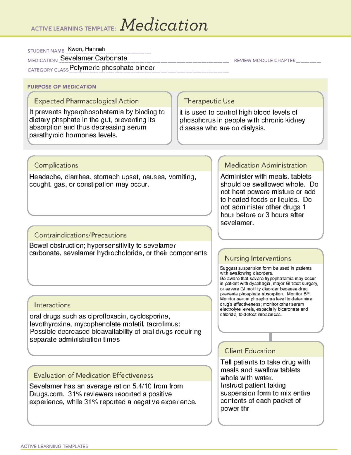 Medication template-sevelamer carbo - ACTIVE LEARNING TEMPLATES ...