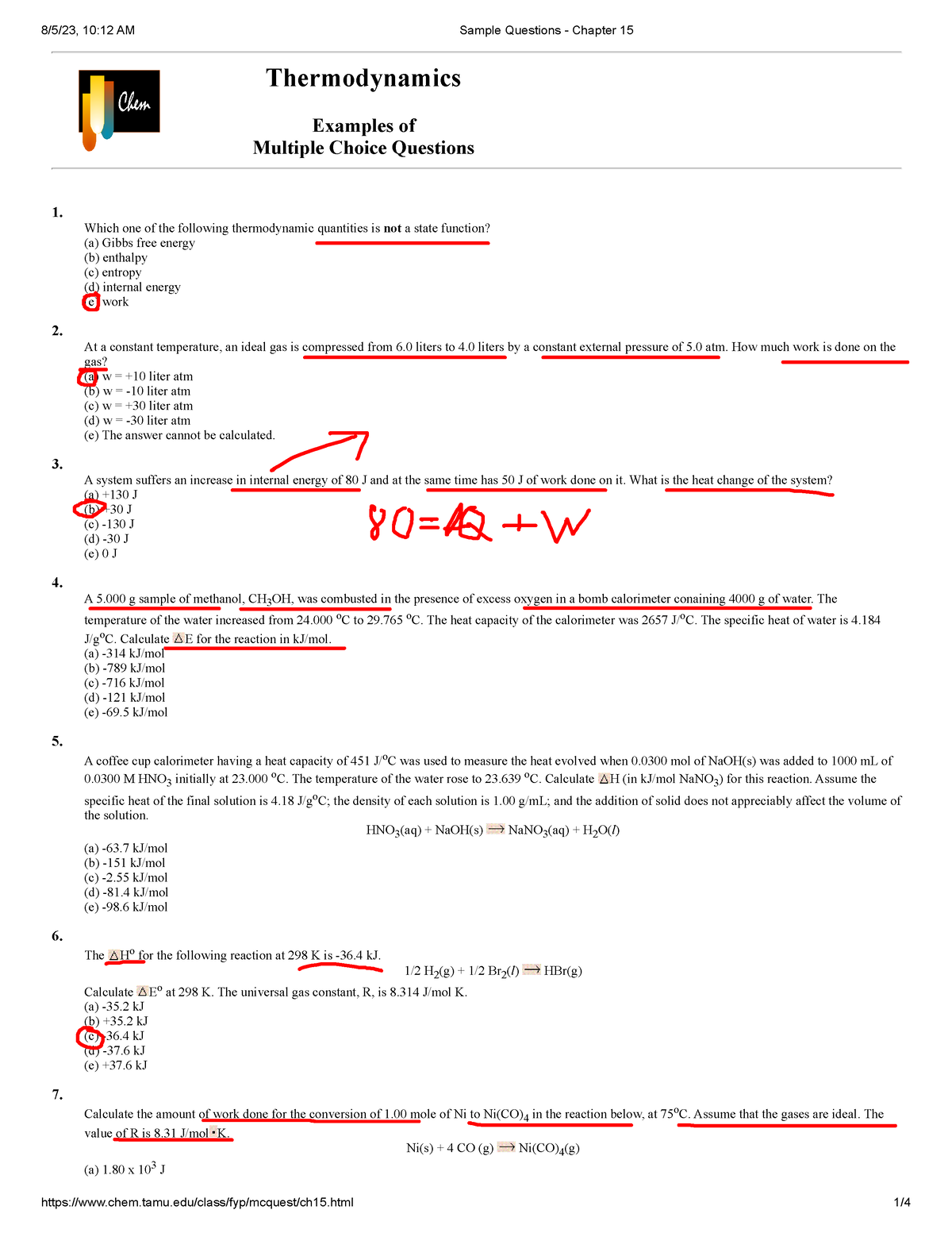 Sample Questions Chapter 15 Thermodynamics - Thermodynamics Examples Of ...