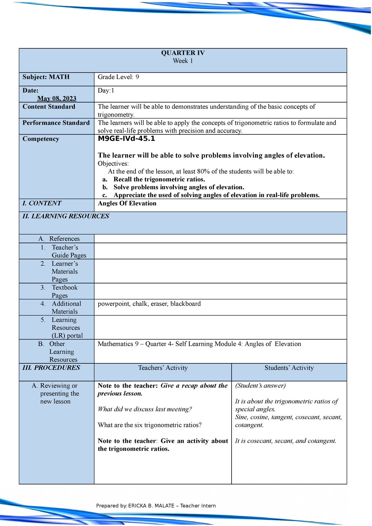 LP Math 9 - Lesson Plan For Mathematics 9 - QUARTER IV Week 1 Subject ...