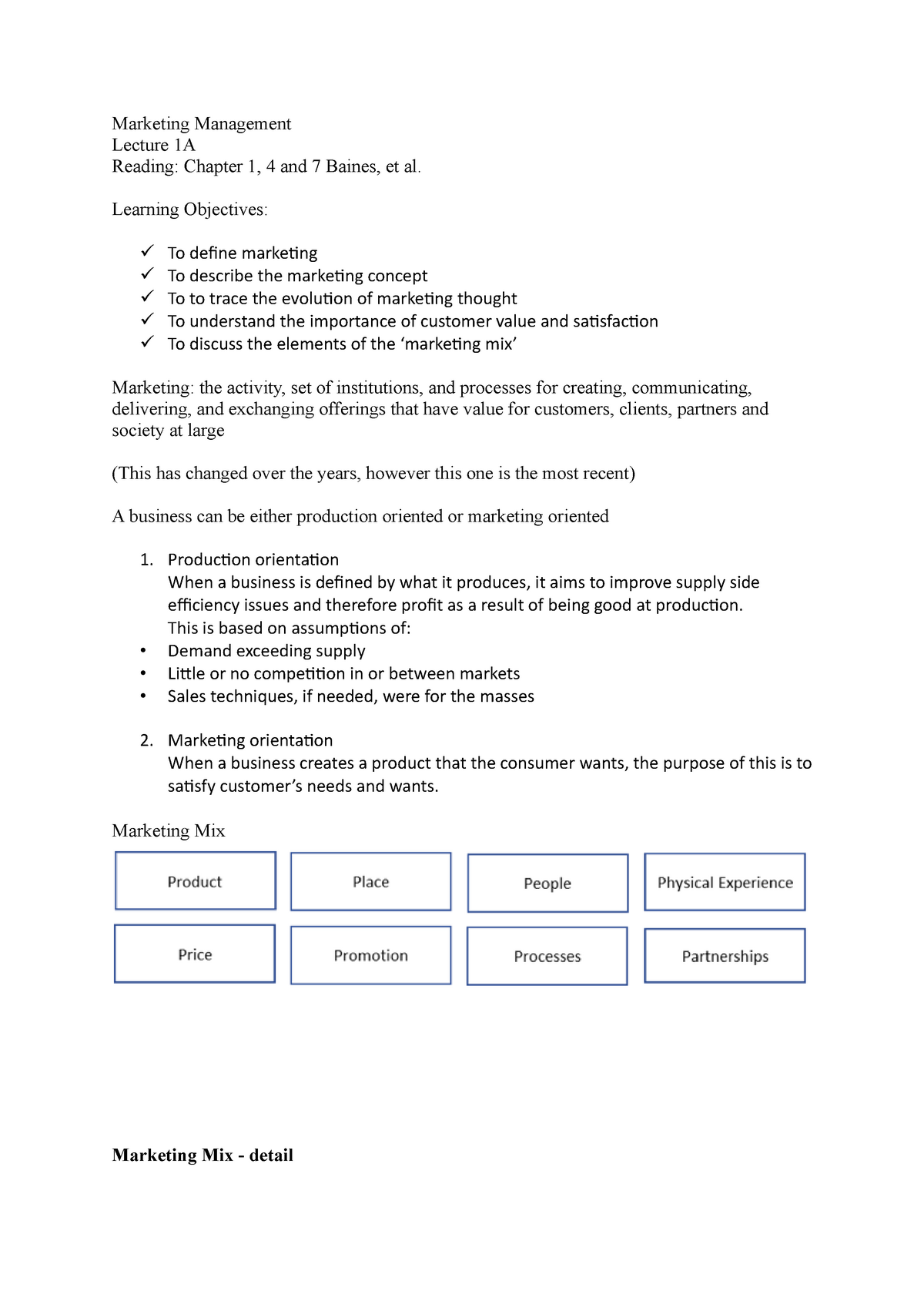 Lecture 1A - Notes - Marketing Management Lecture 1A Reading: Chapter 1 ...