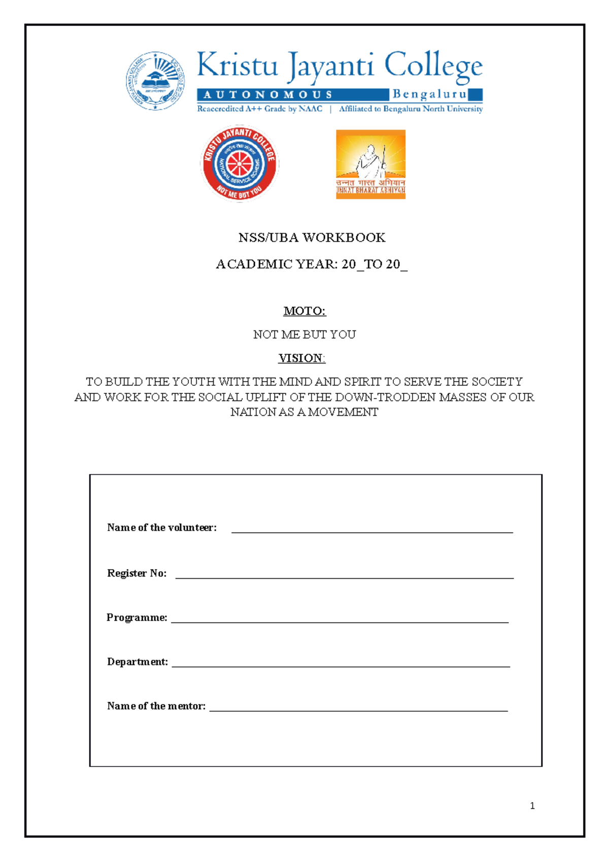 NSS and UBA - Work Book Final 1 (1) - NSS/UBA WORKBOOK ACADEMIC YEAR ...