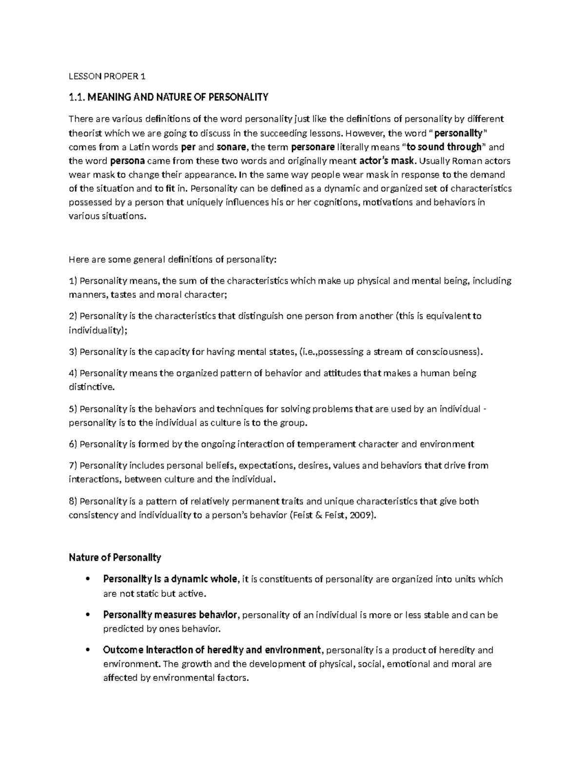 Theories OF Personality WEEK 1-2-3-4-5 - LESSON PROPER 1 1. MEANING AND ...