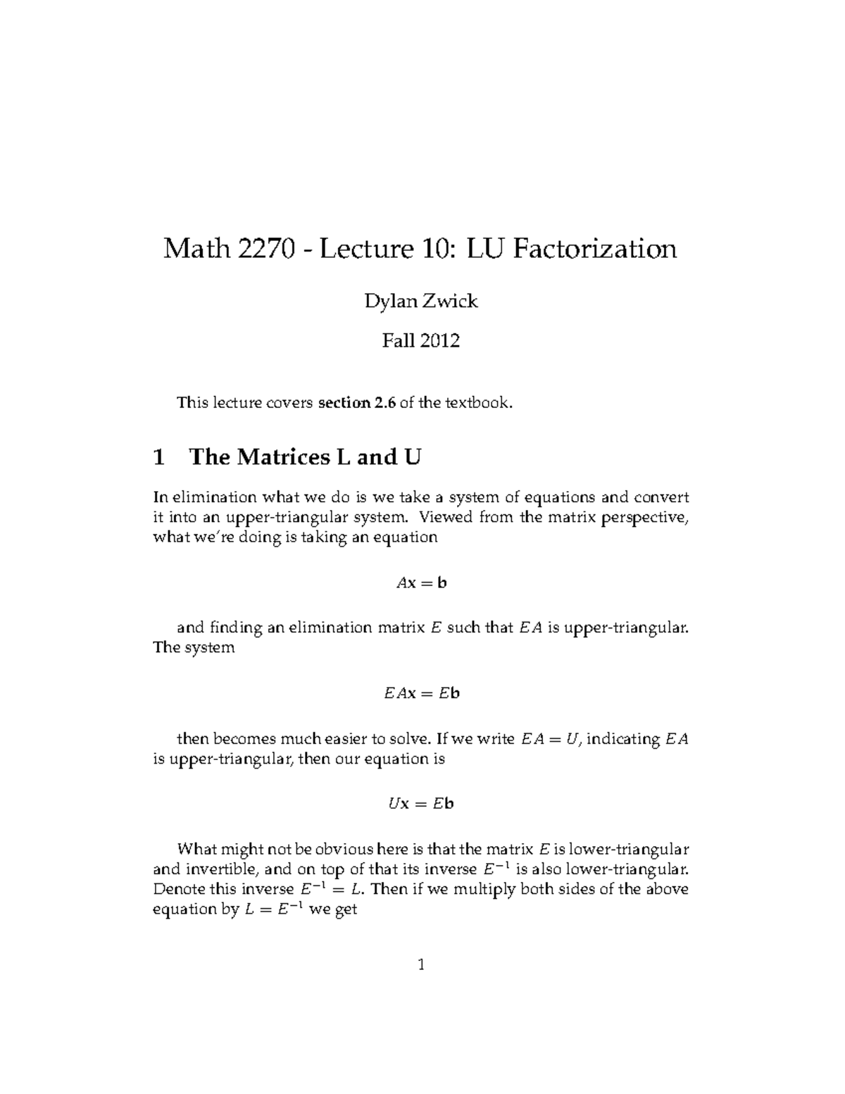 Lecture Notes, Lectures 10 - 12 - With Examples - Math 2270 - Lecture ...