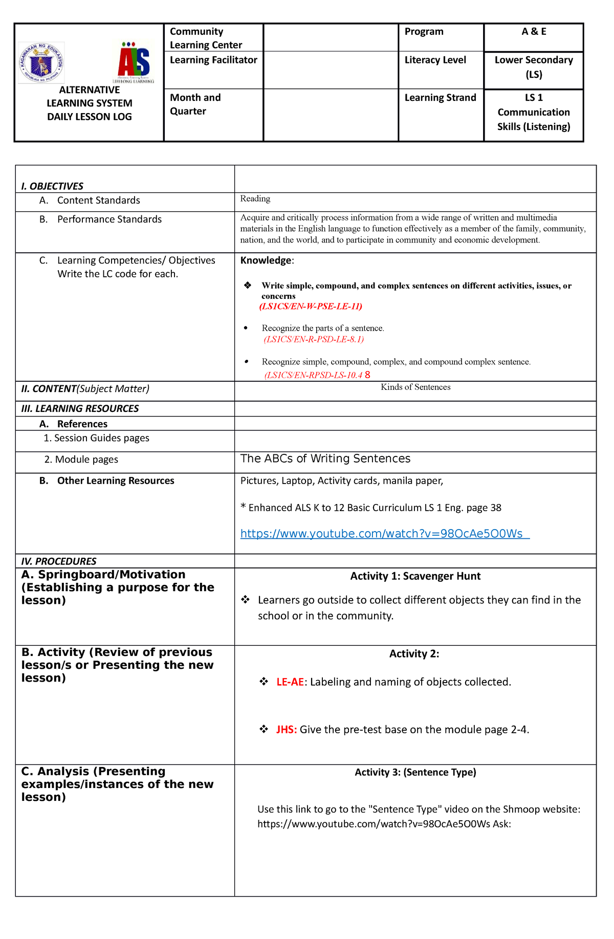 LS1Eng DLP - THANK YOU - ALTERNATIVE LEARNING SYSTEM DAILY LESSON LOG ...