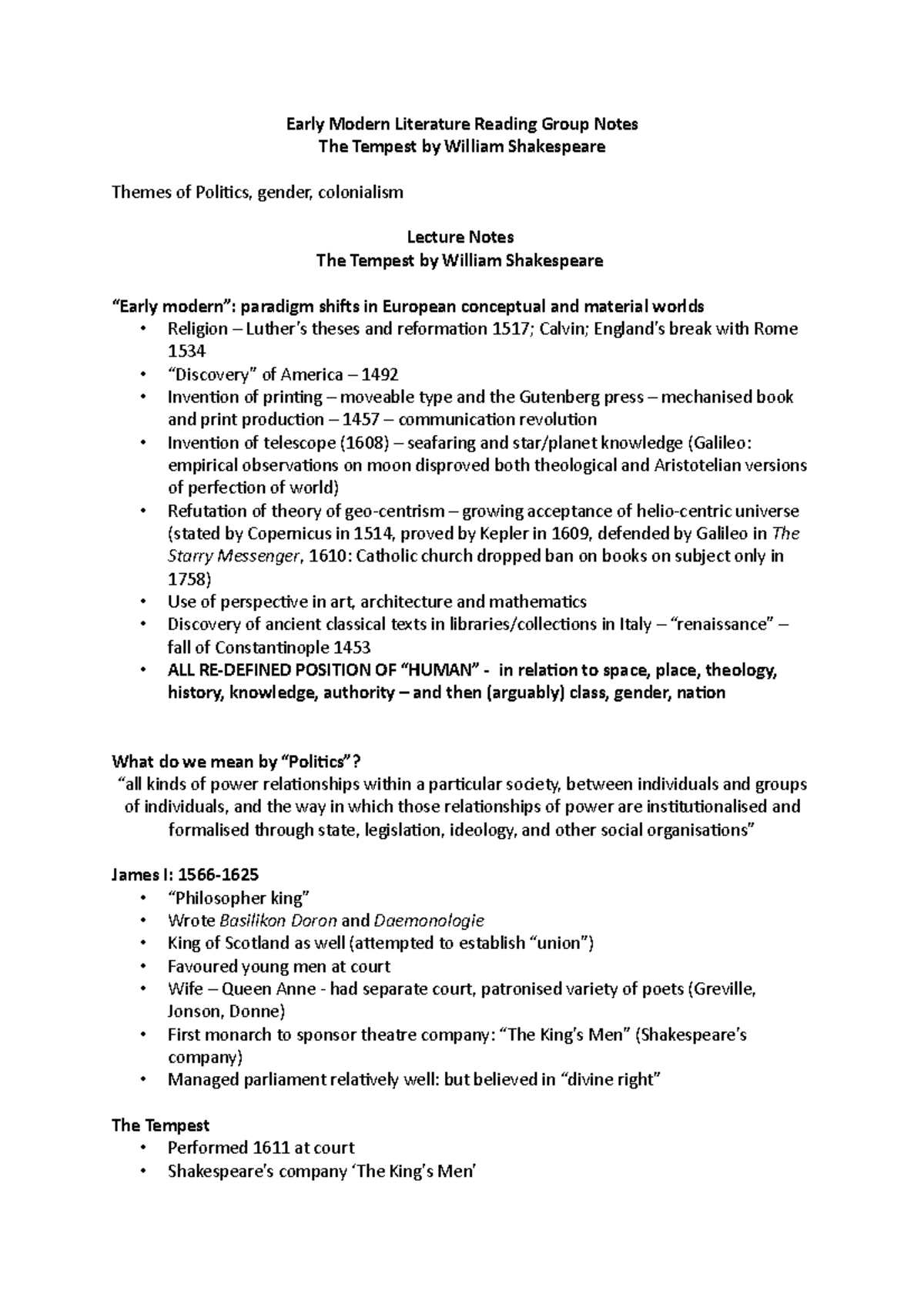 Week one notes- The Tempest by Shakespeare - Early Modern Literature ...