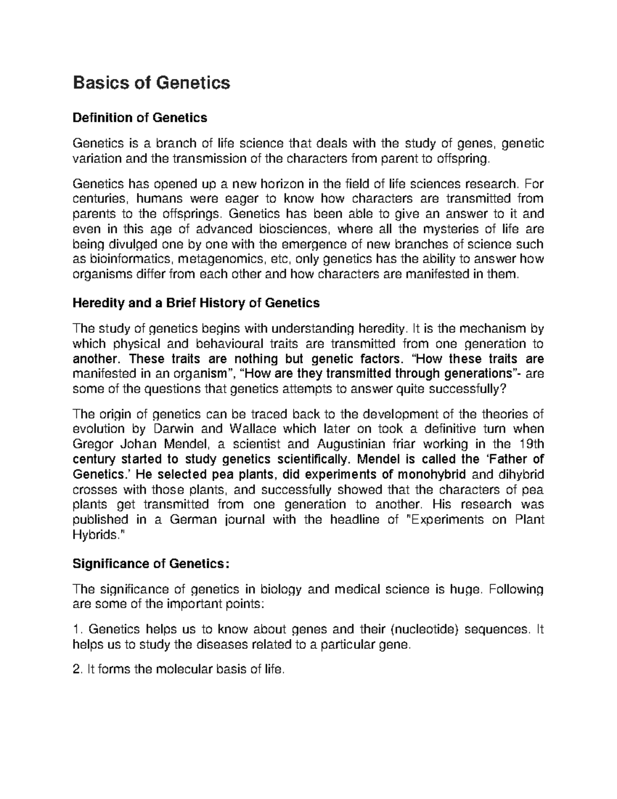 Basics of Genetics - Lecture notes 21 - Basics of Genetics Definition ...