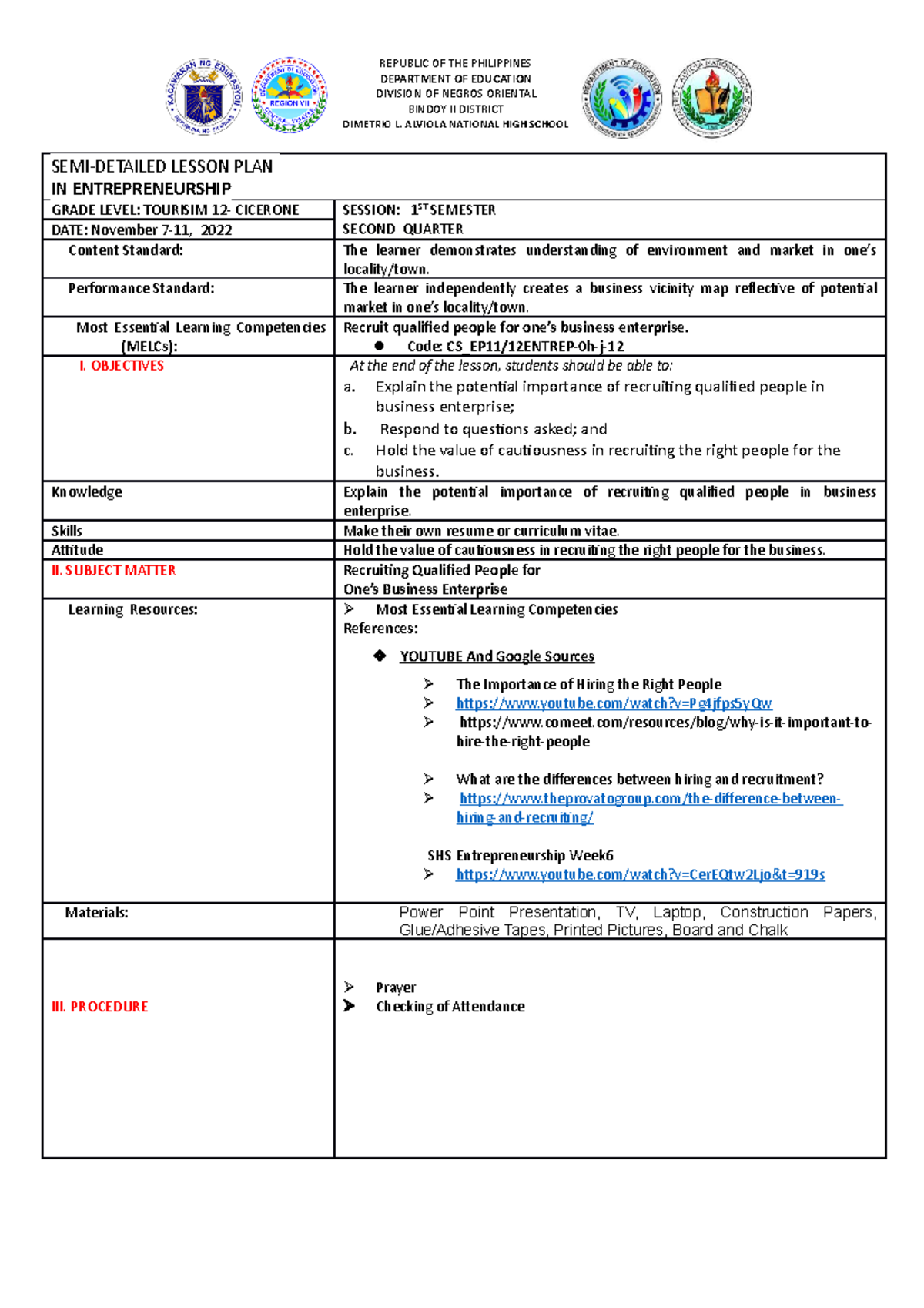 Entrep Q2 1 - LESSON PLAN - REPUBLIC OF THE PHILIPPINES DEPARTMENT OF ...