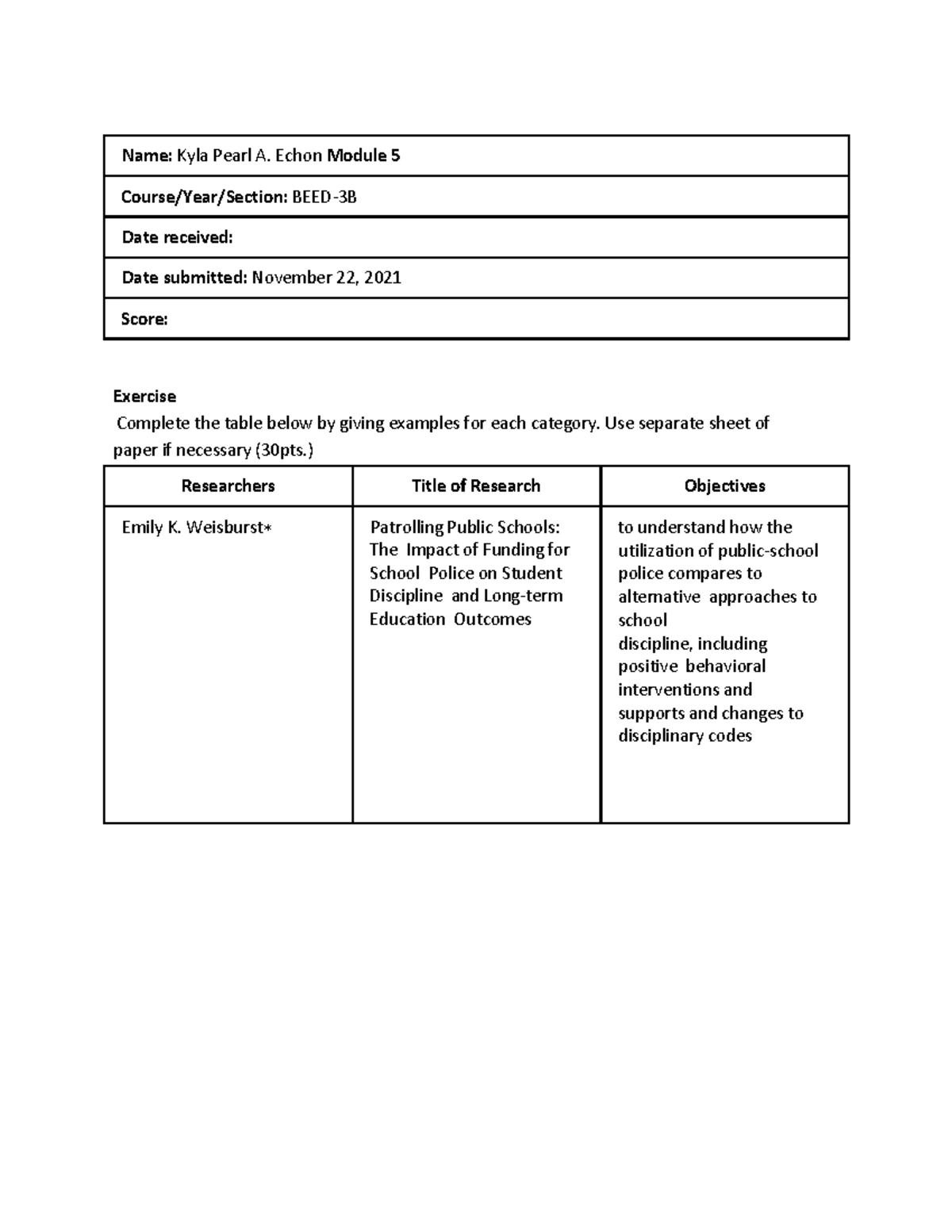 Activity (Module 5) Name Kyla Pearl A. Echon Module 5 Course/Year