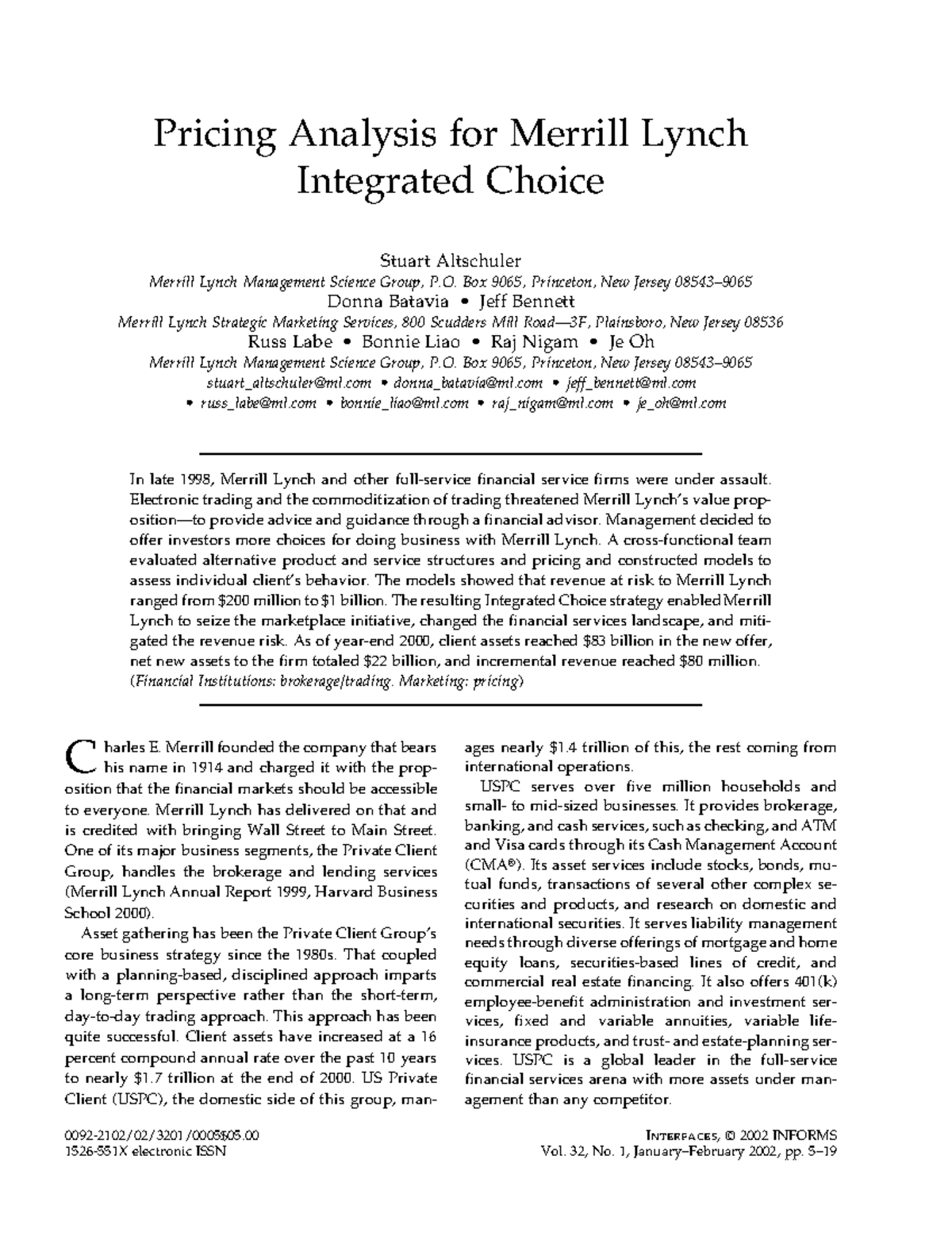 “Pricing Analysis for Merryll Lynch Integrated Choice - 0092-2102/02 ...