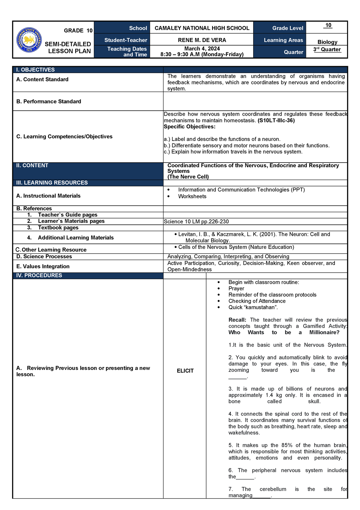 Nerve CELL Grade 10 - GRADE 10 SEMI-DETAILED LESSON PLAN School CAMALEY ...