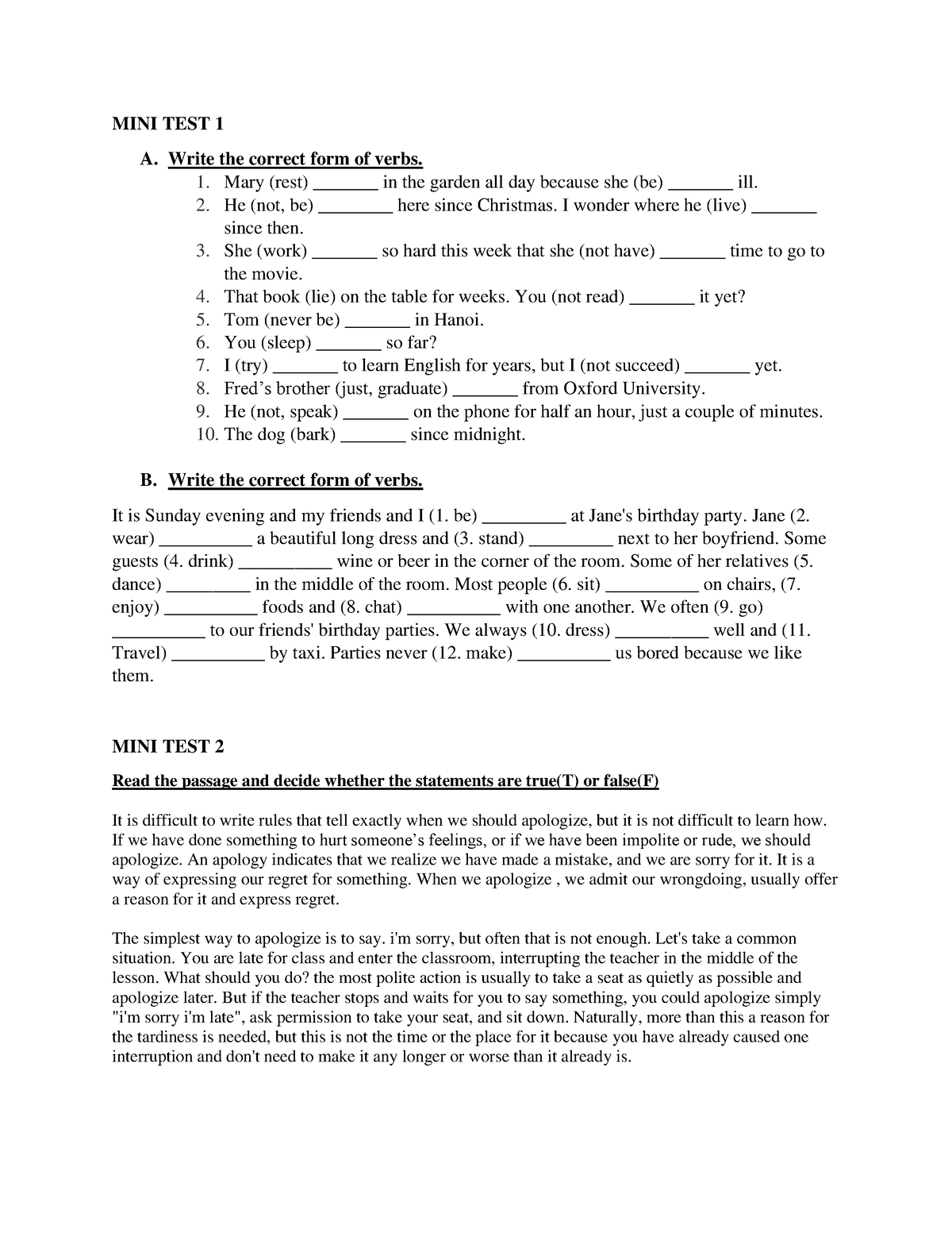 Mini Test Week 1 - Test - MINI TEST 1 A. Write The Correct Form Of ...