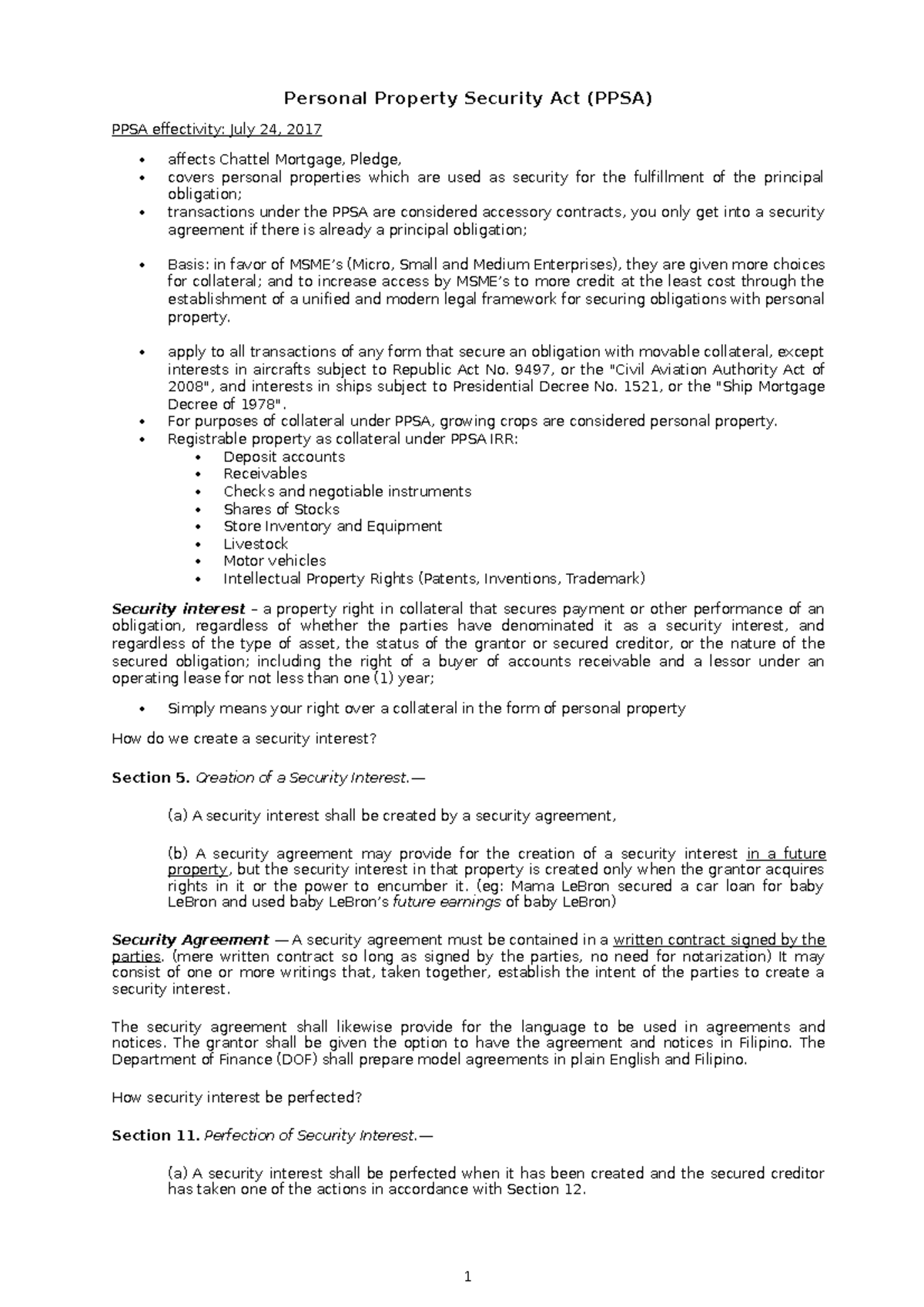 PPSA notes - Personal Property Security Act (PPSA) PPSA effectivity ...