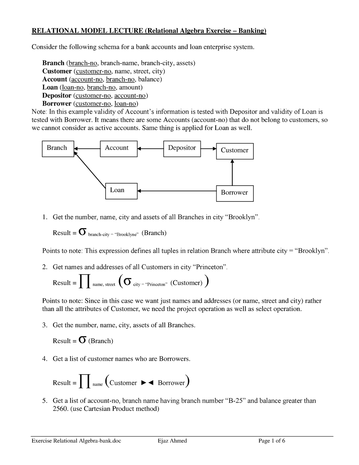 Exercise Relational Algebra-bank - RELATIONAL MODEL LECTURE (Relational ...