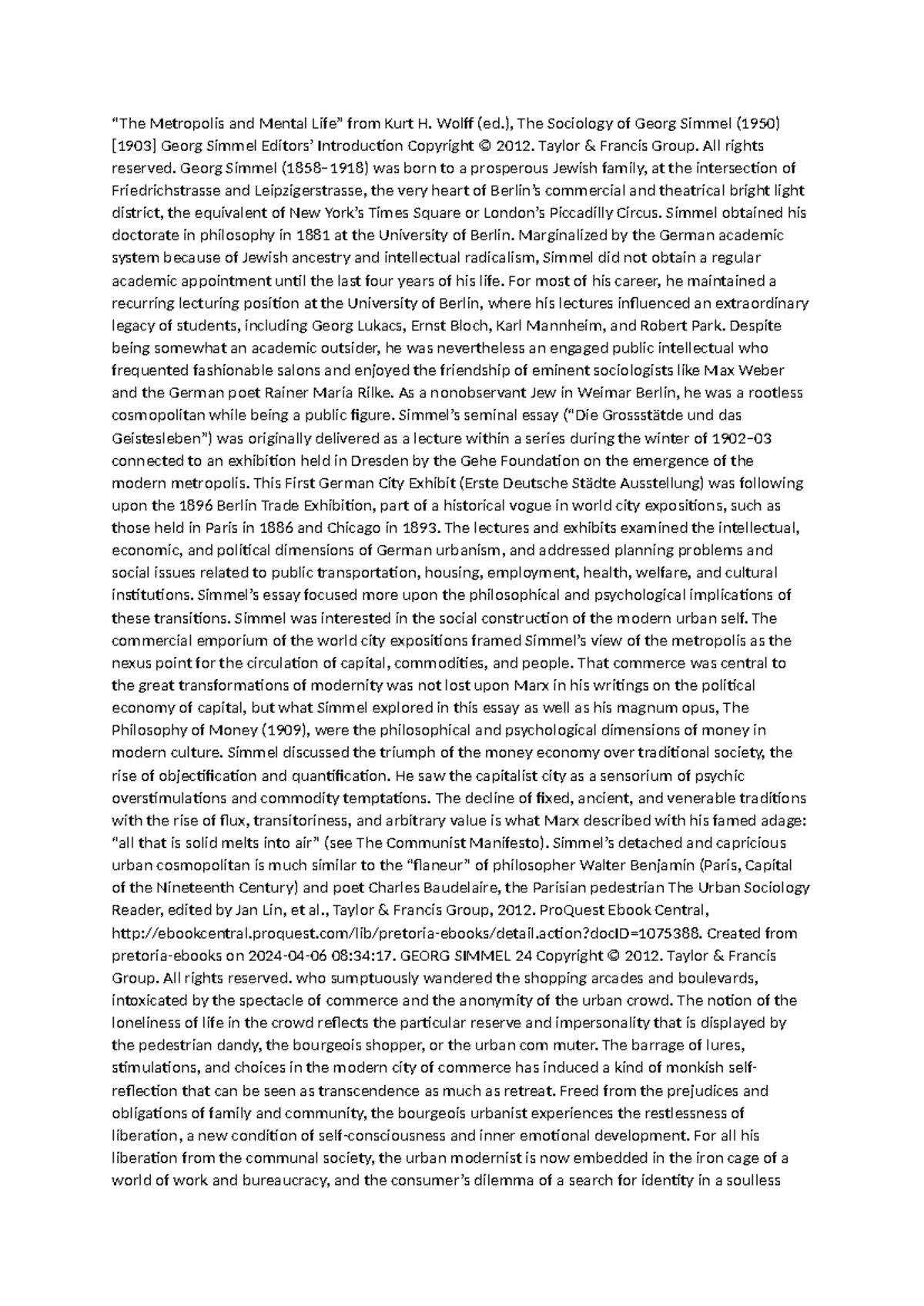 The Metropolis and Mental Life - Wolff (ed.), The Sociology of Georg ...