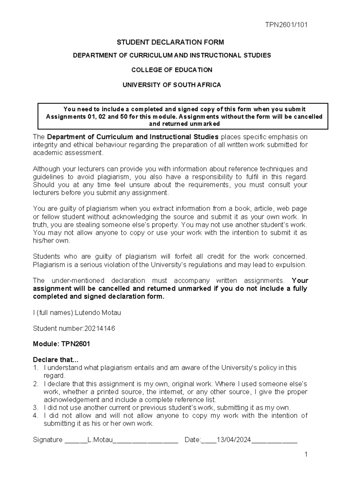 Assignment 1 answers - assigment 1 - STUDENT DECLARATION FORM ...