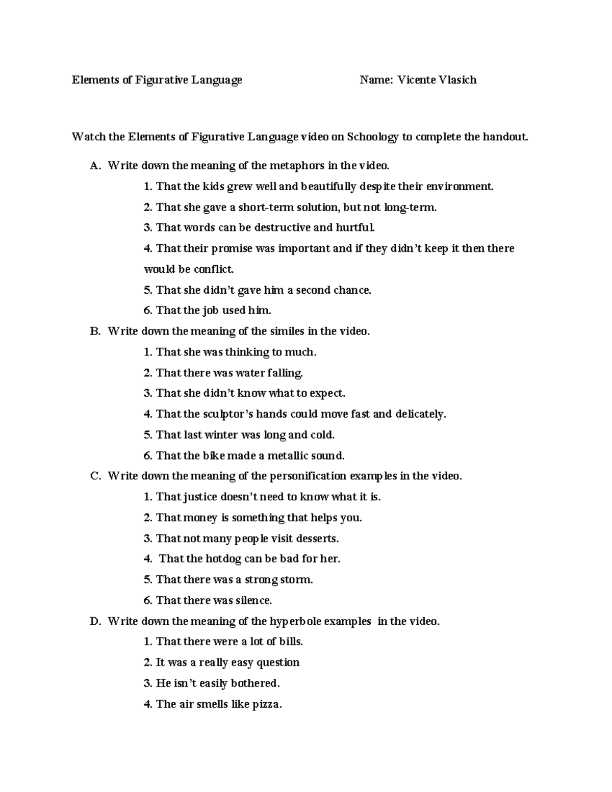 Elements of Figurative Language Handout Elements of Figurative