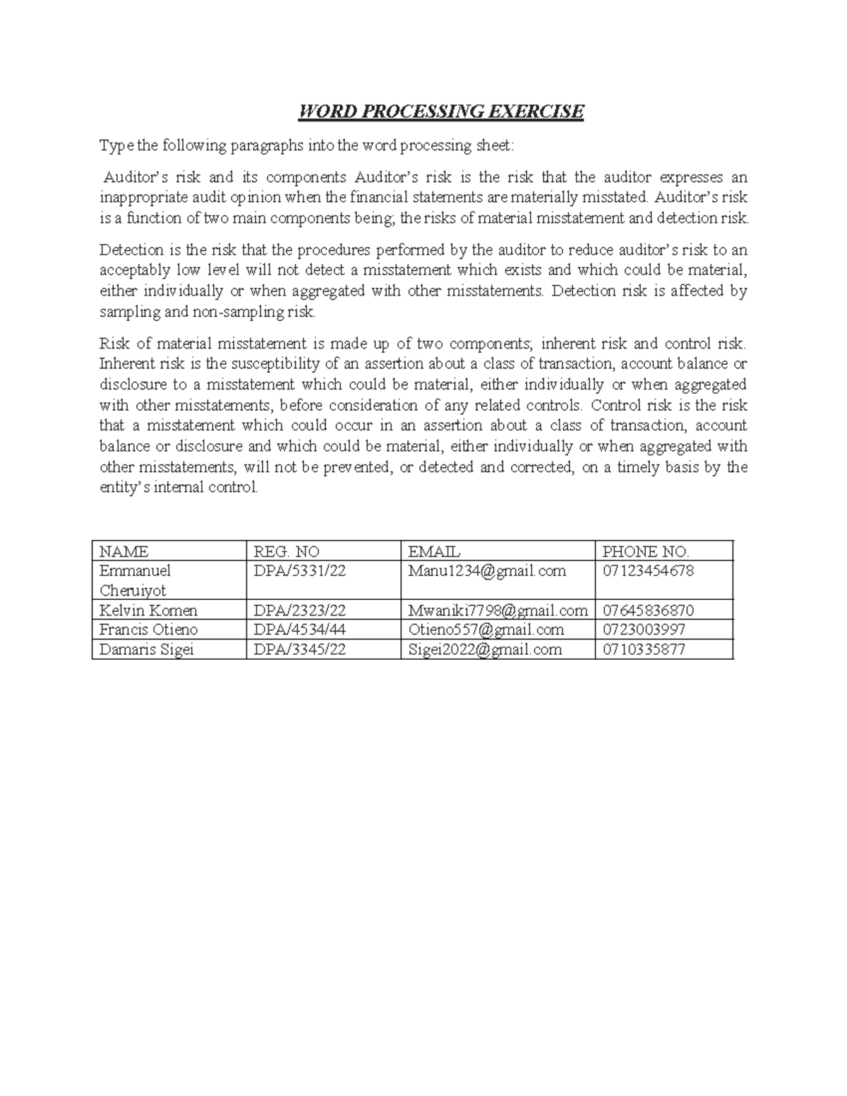 Word Processing Exercisefor Students Word Processing Exercise Type