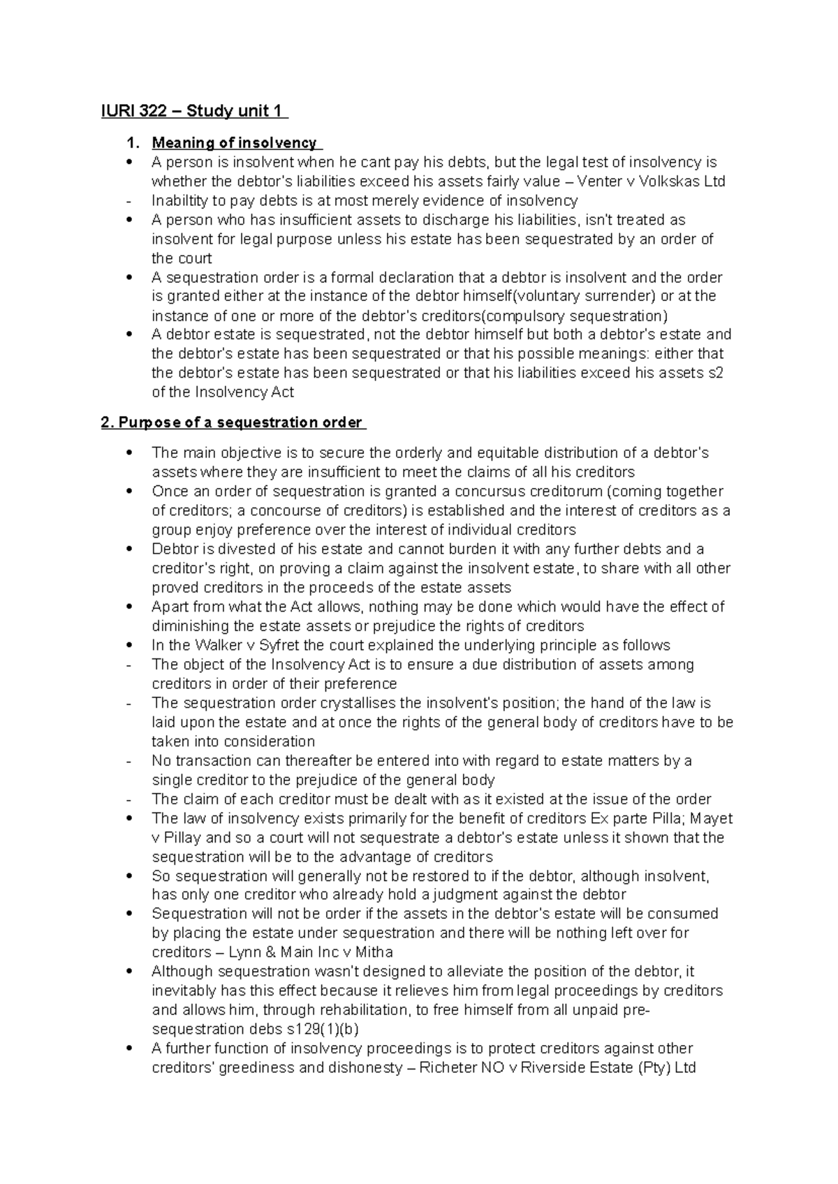 Study Unit 1 Summary Hockly S Insolvency Law Iuri 322 Study Unit