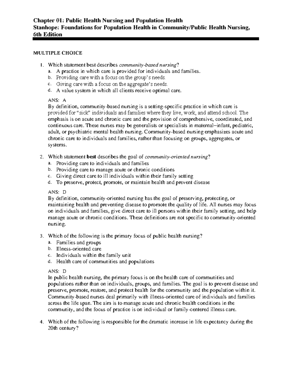 01 - Practice questions - Chapter 01: Public Health Nursing and ...