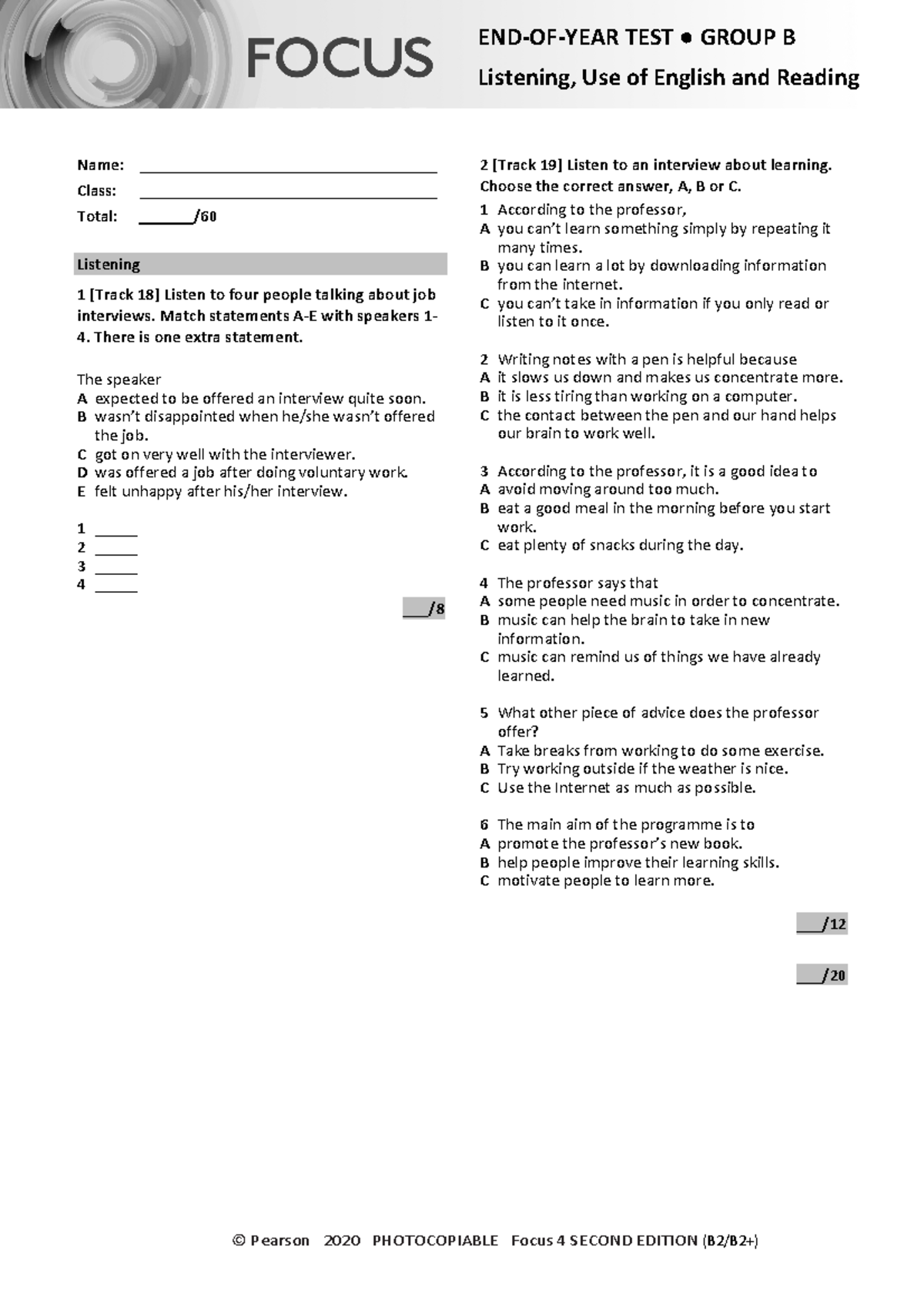 Focus 4 2E End of year Test Listening Uo E Reading Group B 1 ...