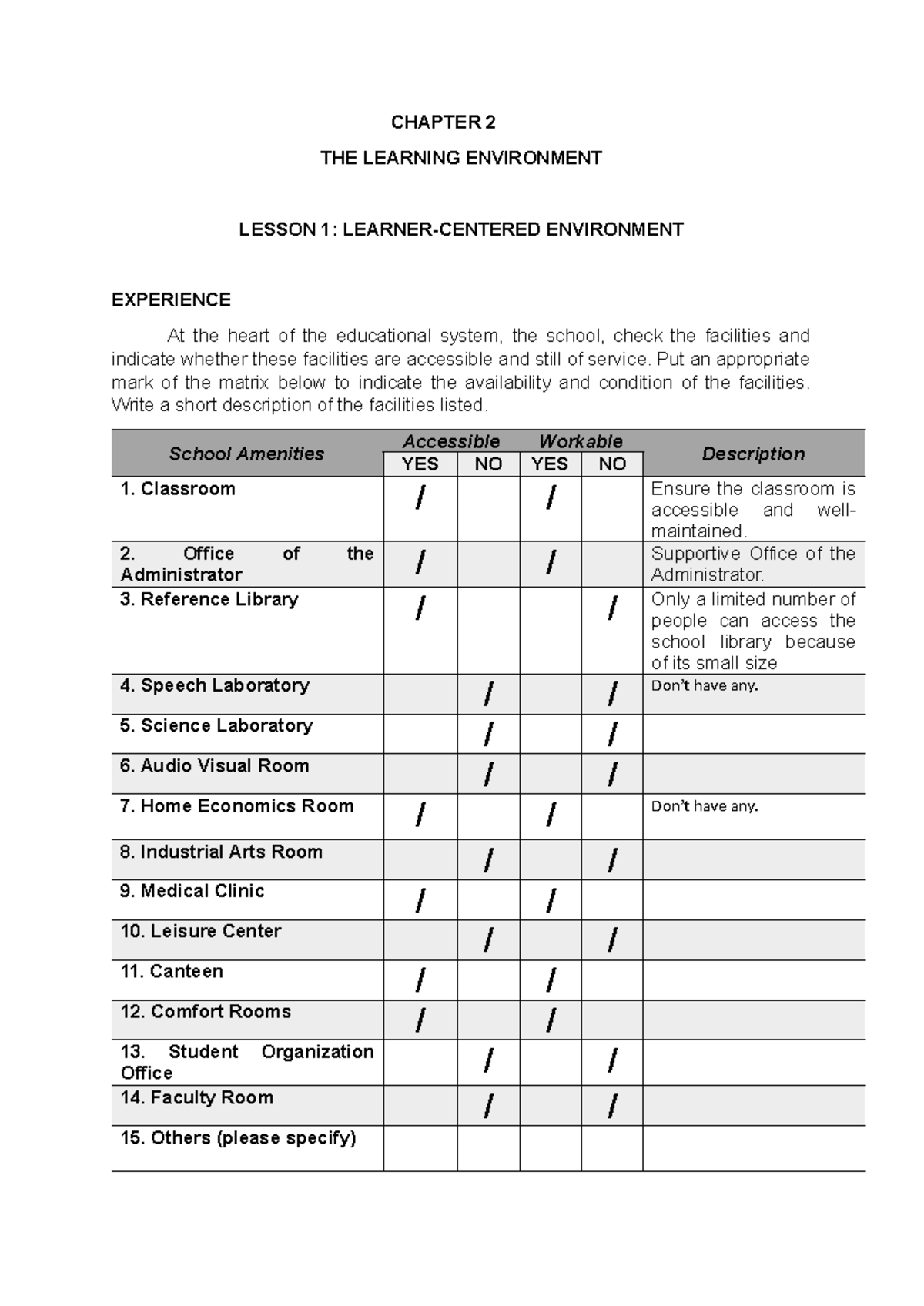 Chapter-2 - TASK WORK - CHAPTER 2 THE LEARNING ENVIRONMENT LESSON 1 ...