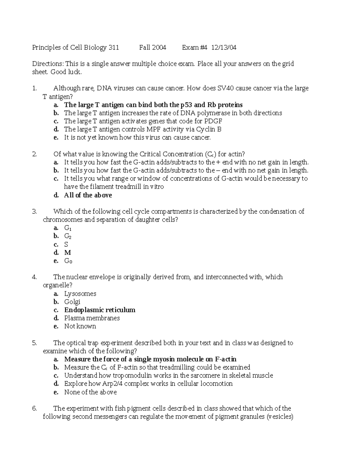 Exam 4 2004 answer key - Principles of Cell Biology 311 Fall 2004 Exam ...