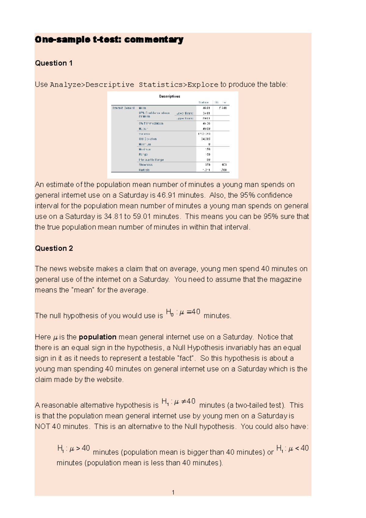 Worksheet one sample t-test in SPSS Commentary - One-sample t-test ...