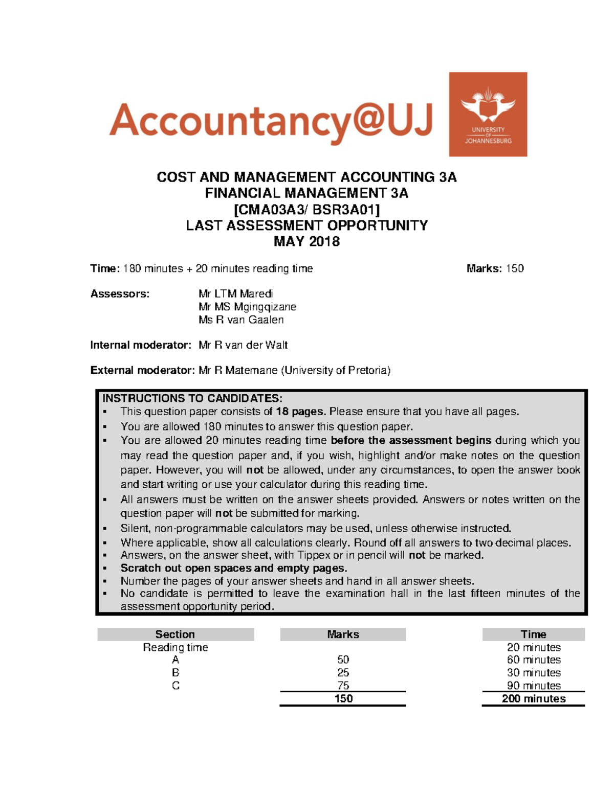 CMA 3A 2018 - 2018 June exam - FINANCIAL MANAGEMENT 3A [CMA03A3 ...