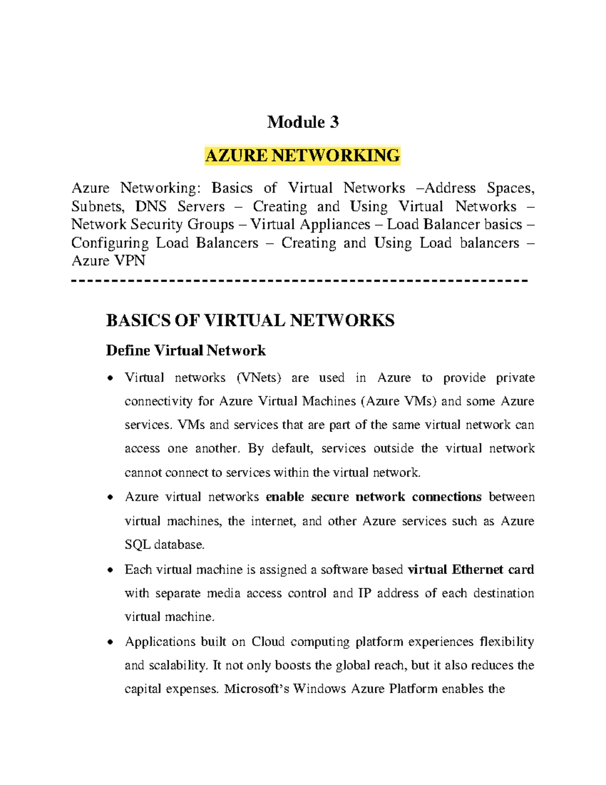 Azure Networking Module 3 AZURE NETWORKING Azure Networking Basics