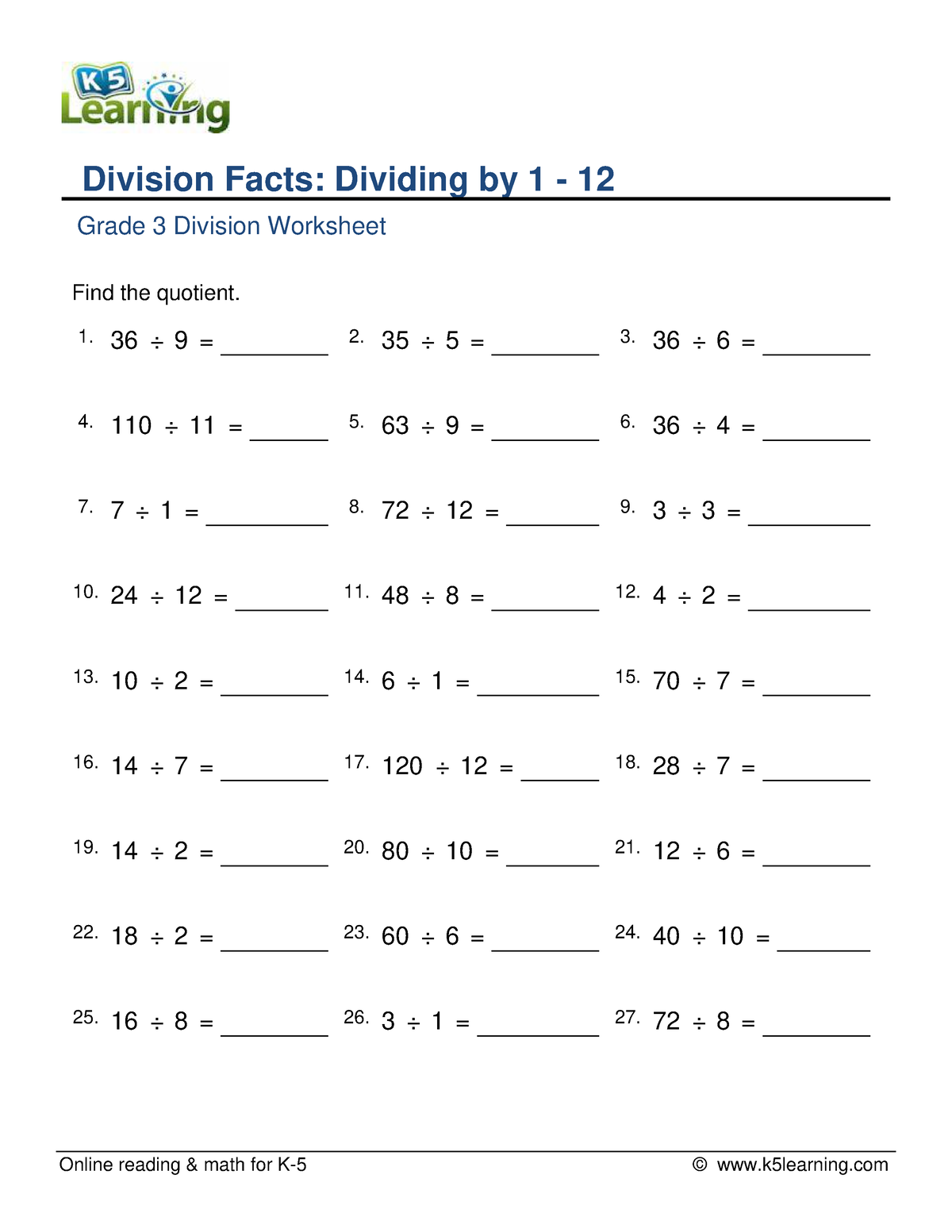 Grade 3 division facts 1 to 12 b - Online reading & math for K-5 ...