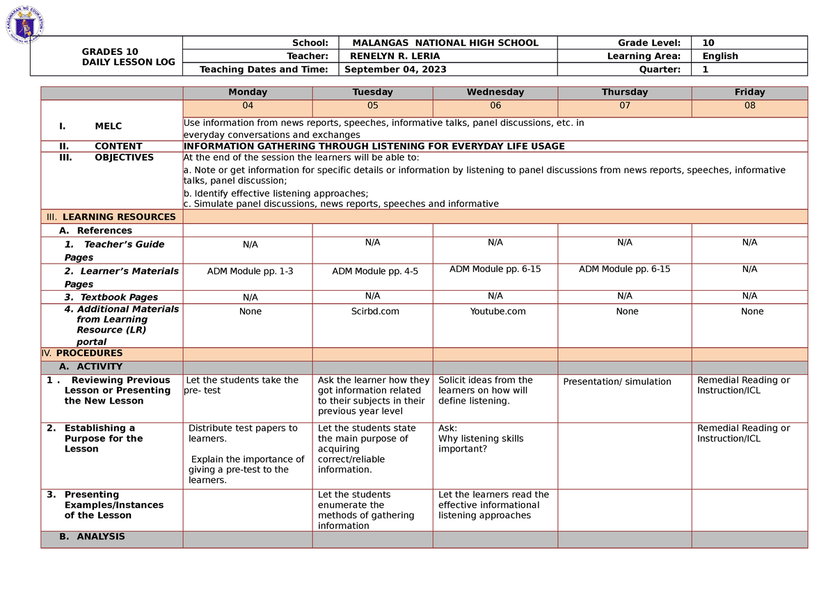 English 10 Dll 1st First Quarter Daily Logweek 1 To 3 Grades 10