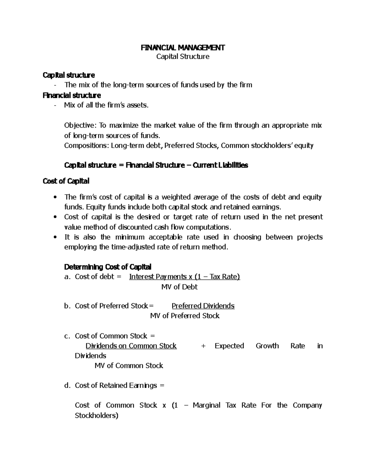 Cost Capital- Financial Management - FINANCIAL MANAGEMENT Capital ...