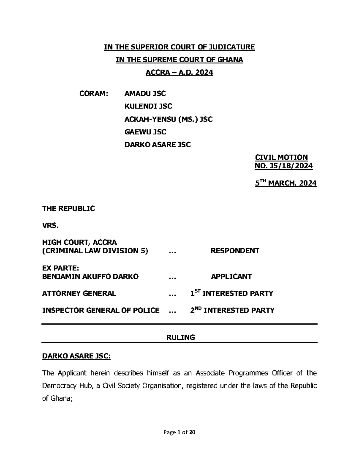THE Republic VRS HIGH Court Accra ( Criminal LAW Division 5) EX Parte ...