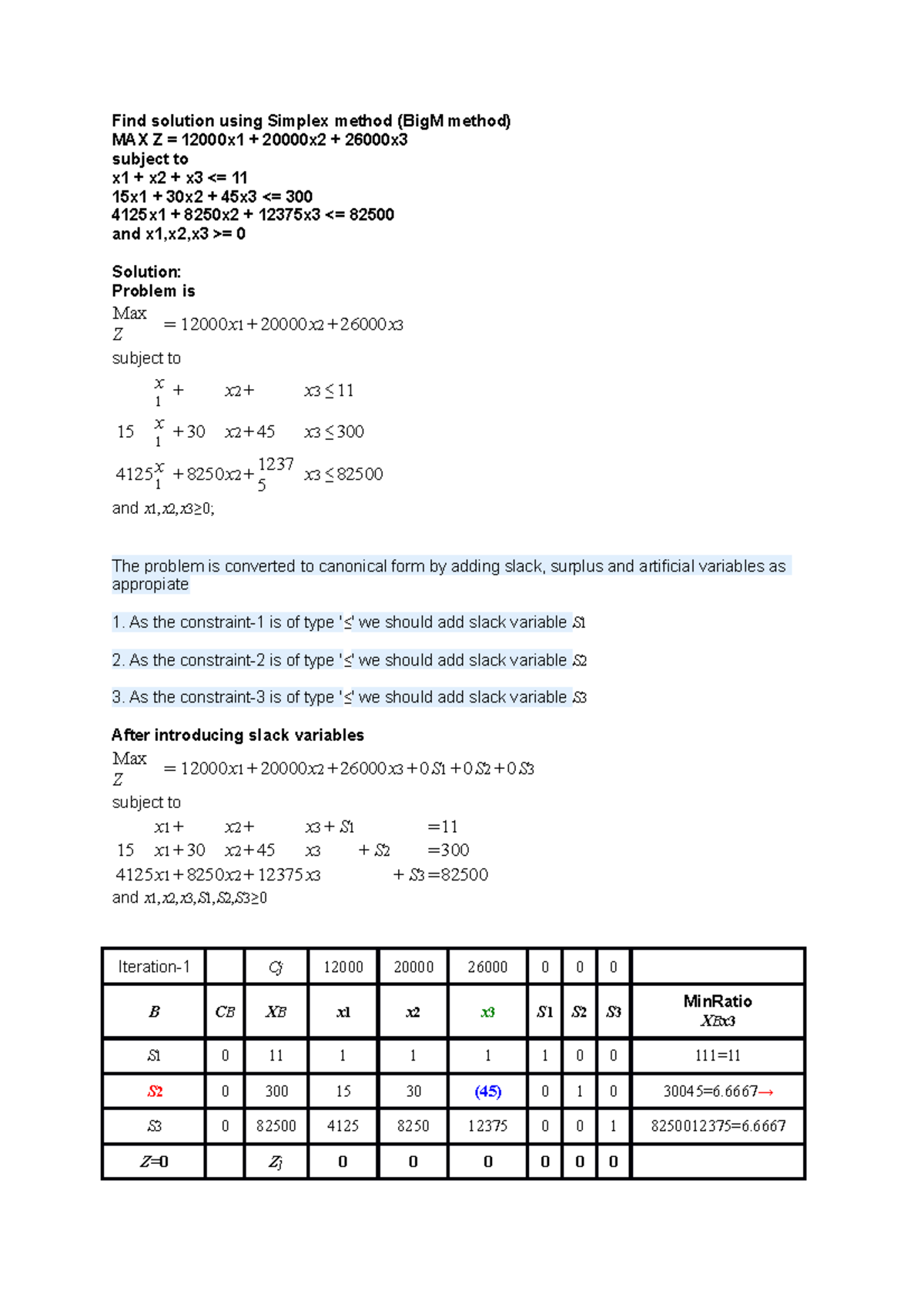 Qm assignment Q1 - Find solution using Simplex method (BigM method) MAX ...