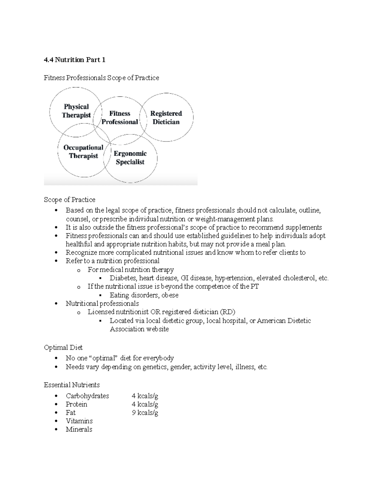 KNES214 Nutrition Part 1 - 4 Nutrition Part 1 Fitness Professionals ...