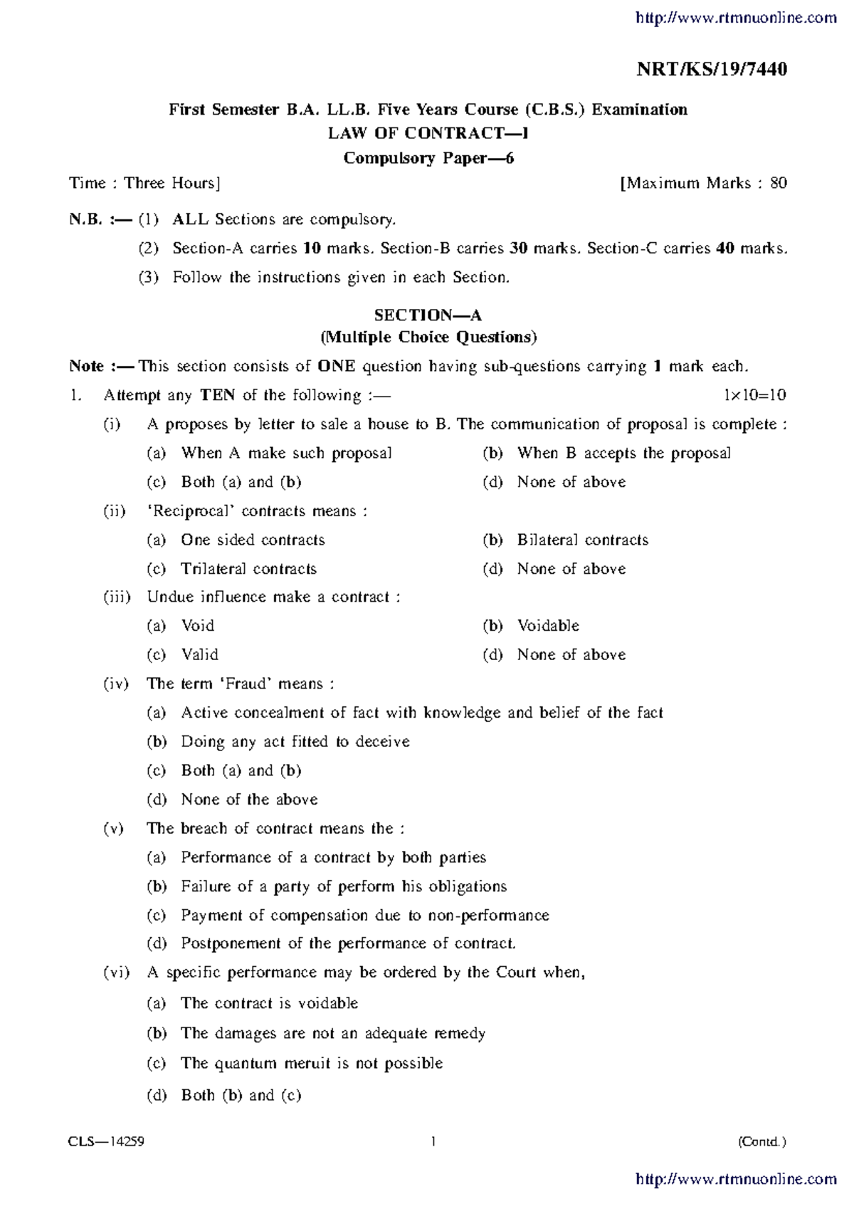 Ballb 1 Sem Law Of Contract 1 P6 7440 Summer 2019 - NRT/KS/19/ First ...