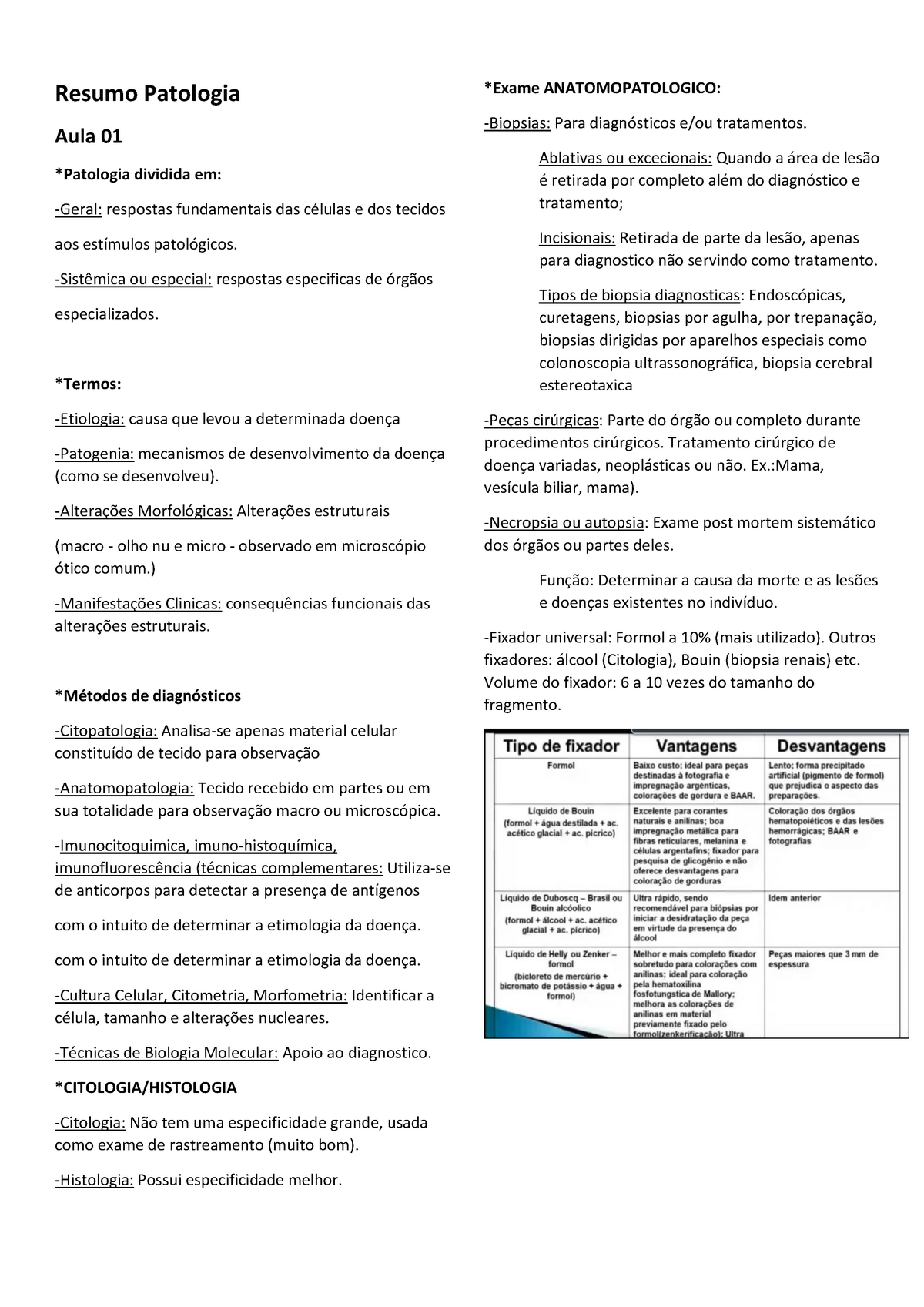 Resumo Patologia 1 - Resumo Patologia Aula 01 *Patologia Dividida Em ...