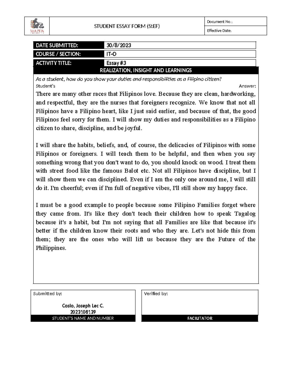 Form - NSTP100 Essay #3 - STUDENT ESSAY FORM (StEF) Document No ...