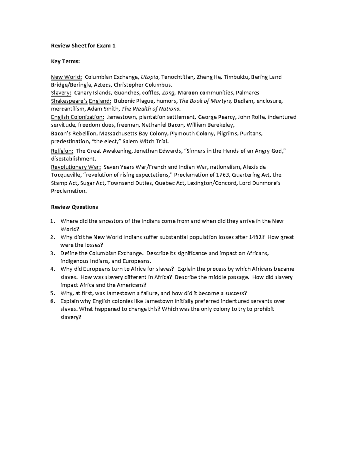 1301-Review Sheet for Exam 1 - Review Sheet for Exam 1 Key Terms: New ...