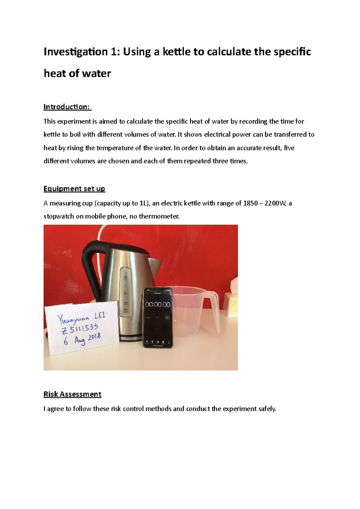 investigation 1 full mark Investigation 1 Using a kettle to