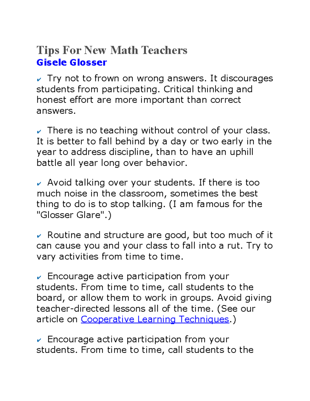 Tips For New Math Teachers - Tips For New Math Teachers Gisele Glosser ...