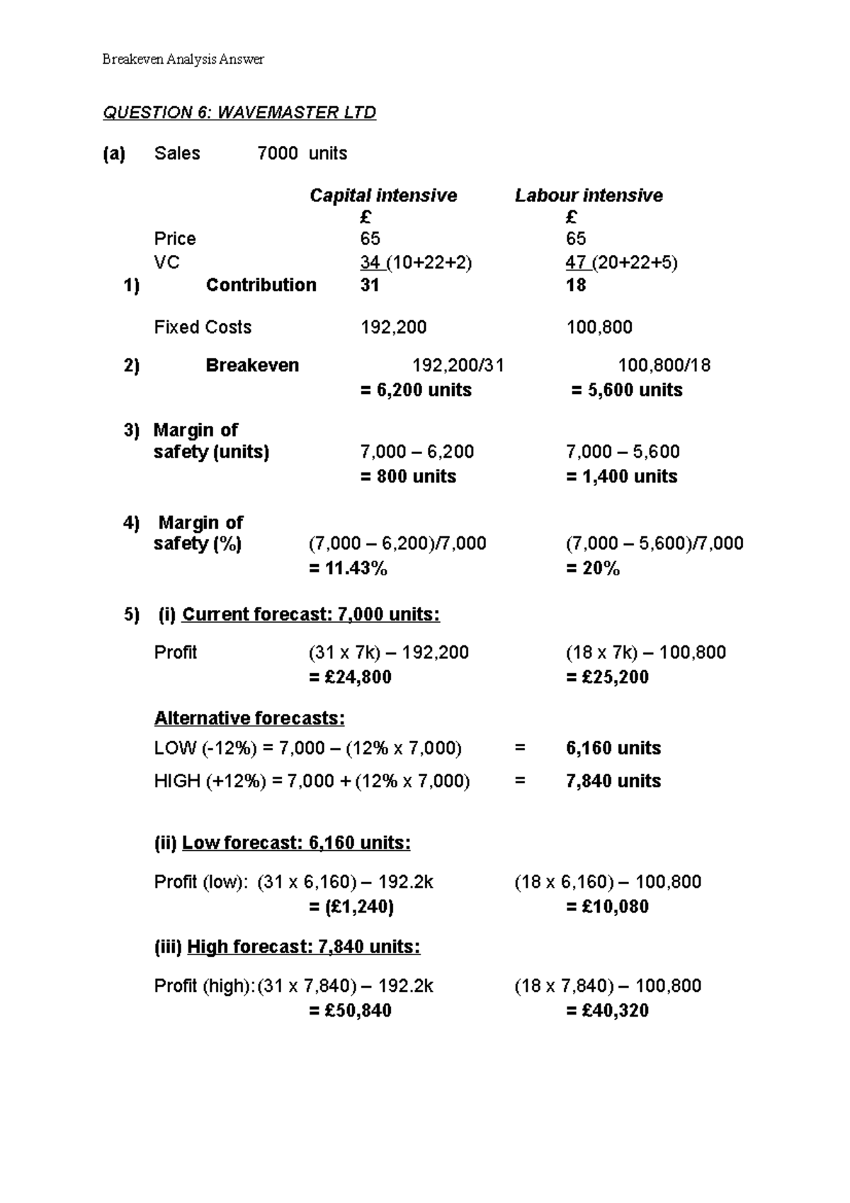 Breakeven Analysis Exam revision Answers Breakeven Analysis Answer