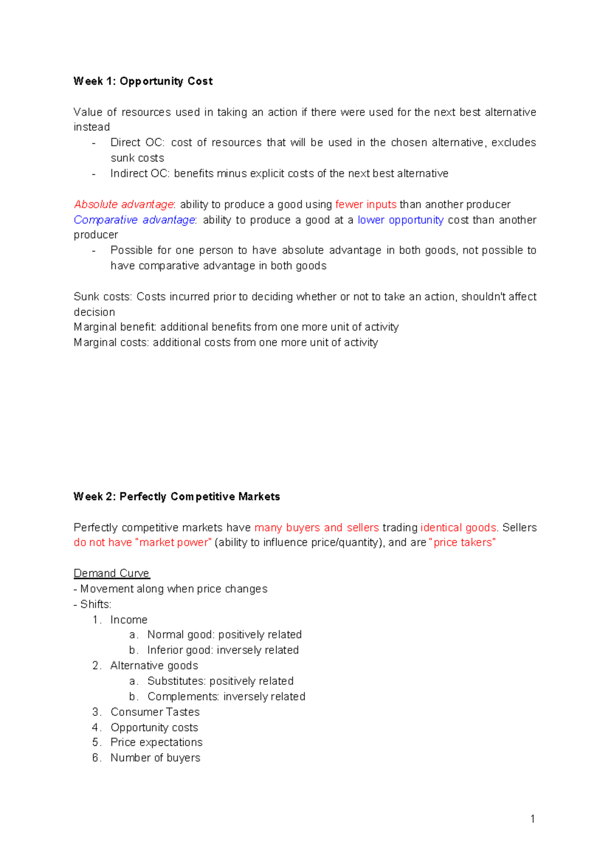 ECON10004 introductory microeconomics summarised lecture notes - Week 1 ...